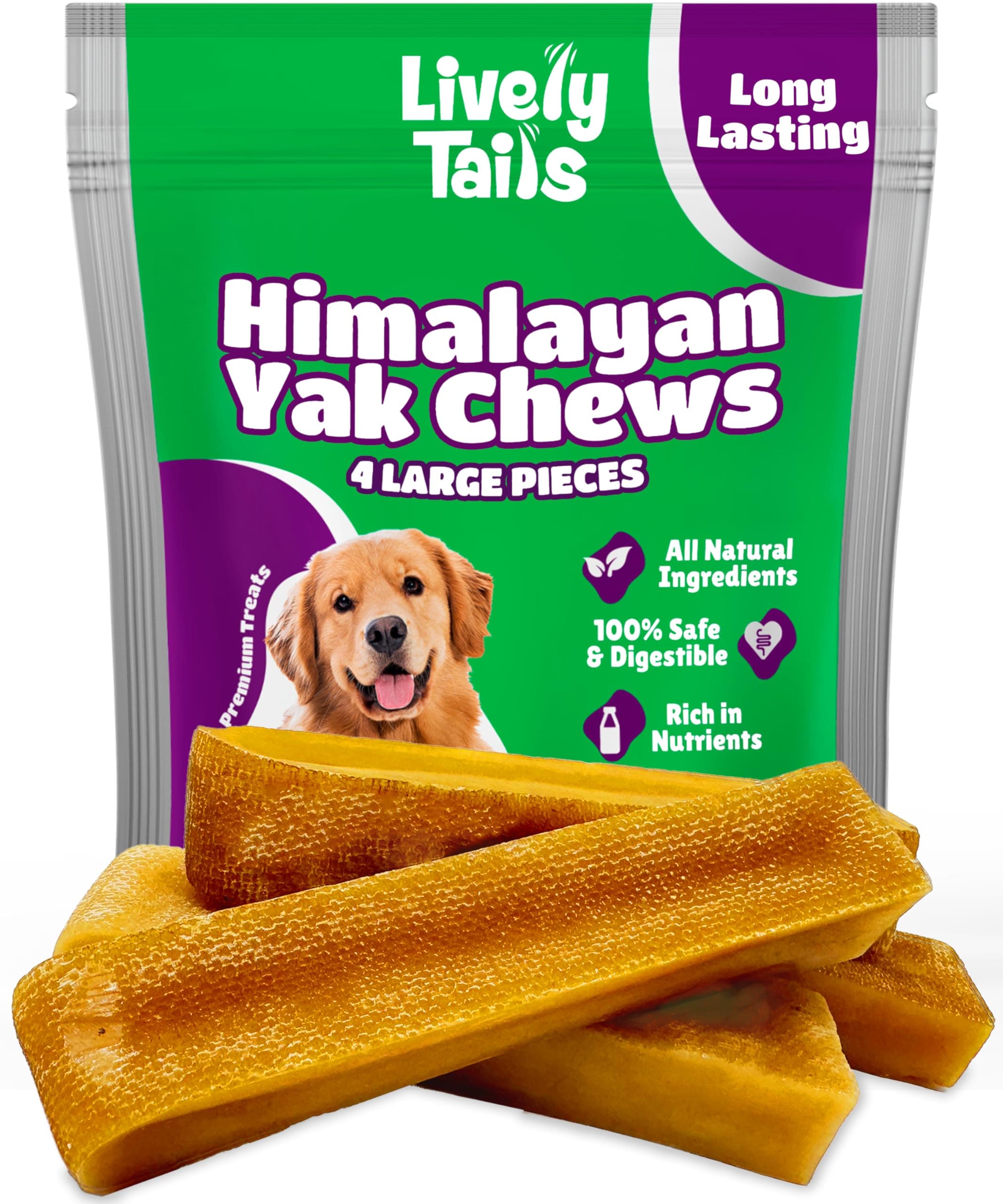 Healthy Yak Cheese Himalayan Chew, All-Natural & High in Protein, Odorless & Long Lasting Yak Chews for Large Dogs & Medium Dogs, Dog Chews for Aggressive Chewers (Large, 4-Pack)