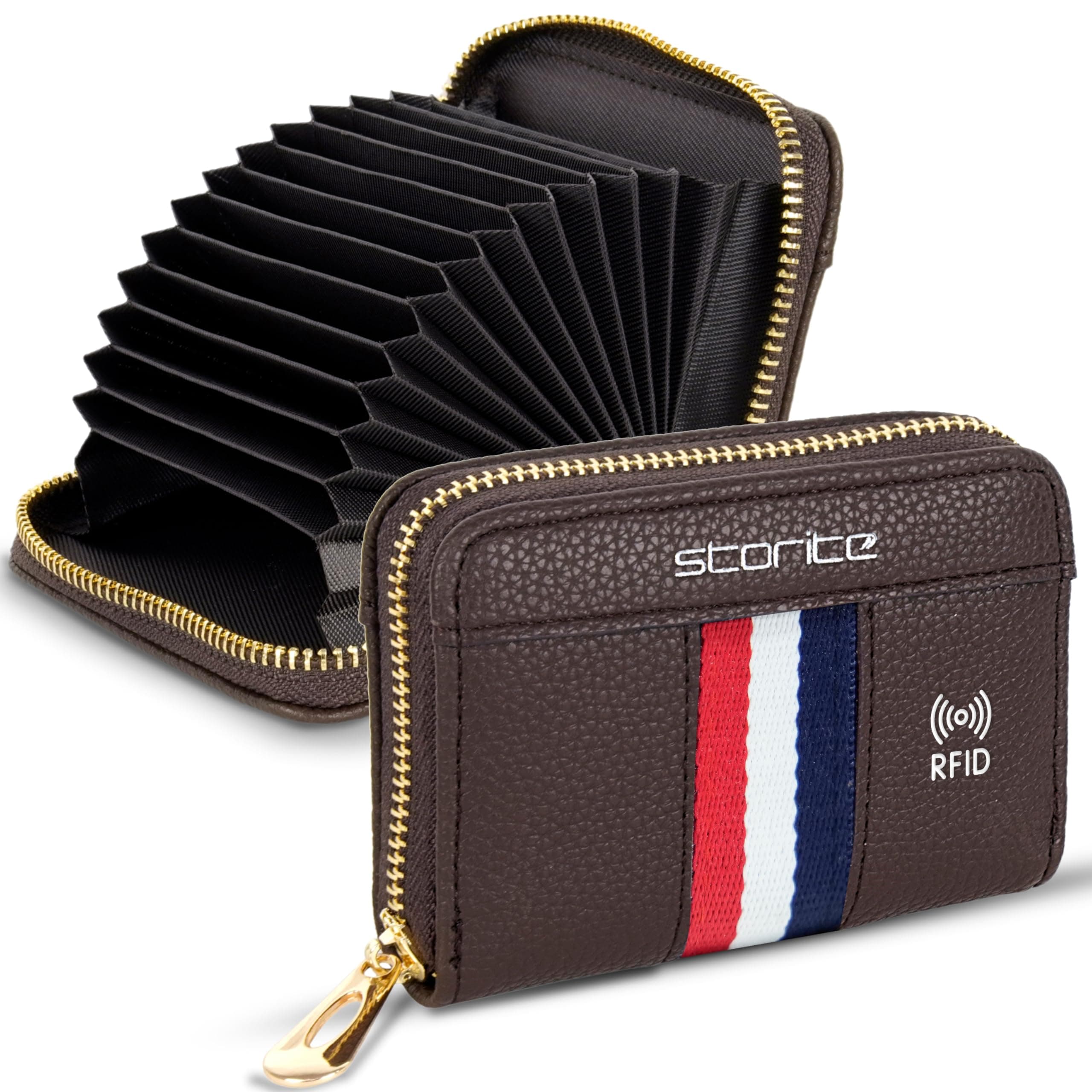 RFID PU Leather Card Holder Wallet | 12 Slot Credit & Debit Card Organizer with Money Zipper Coin Purse for Men & Women – Brown (10.75 x 8 x 2.5 cm)