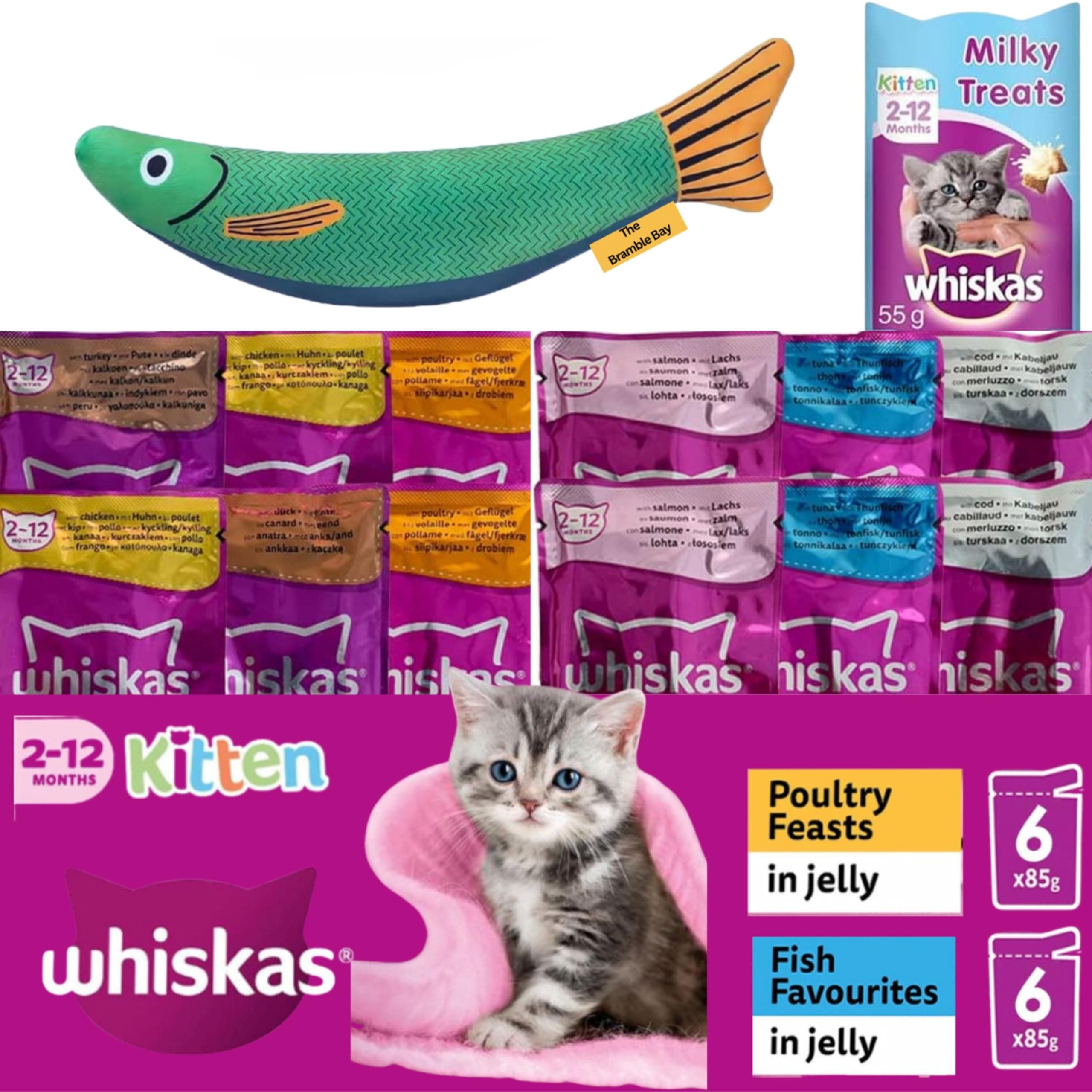 Kitten Food Wet and Toy Bundle intended for Cat Whiskas Poultry Feasts in Gravy 6x85g, Fish Favourites in Jelly 6 x 85g, Milky Treats and our Cat Toy