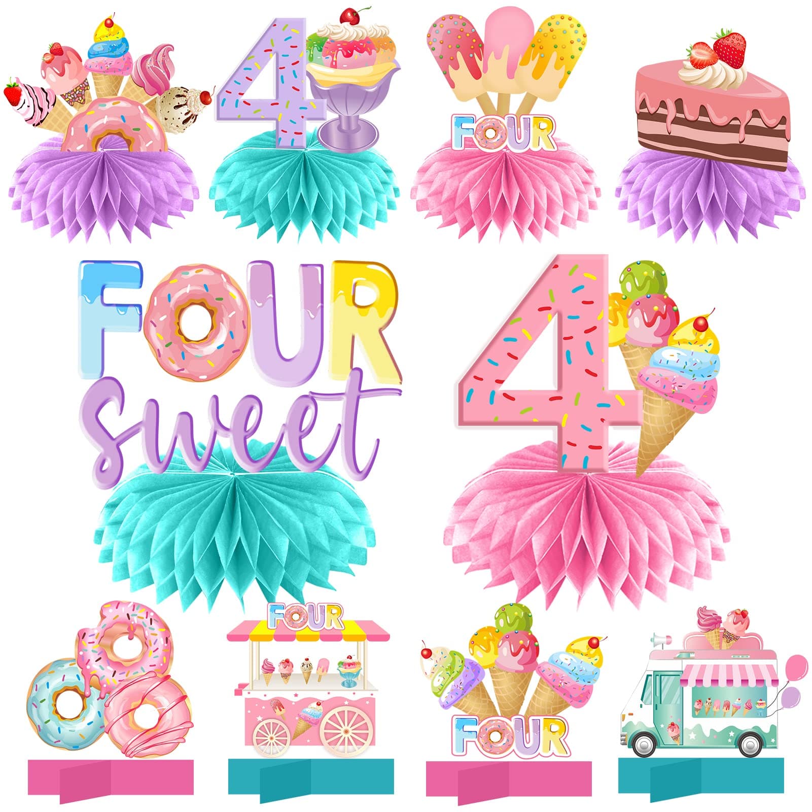 We All Scream 4 Ice Cream Birthday Party Decorations Honeycomb Centerpieces for Girl Boy, 4 Year Old Ice Cream Donut Theme Bday Table Centerpieces Party Supplies, I Scream Fourth Bday Table Decor Sign