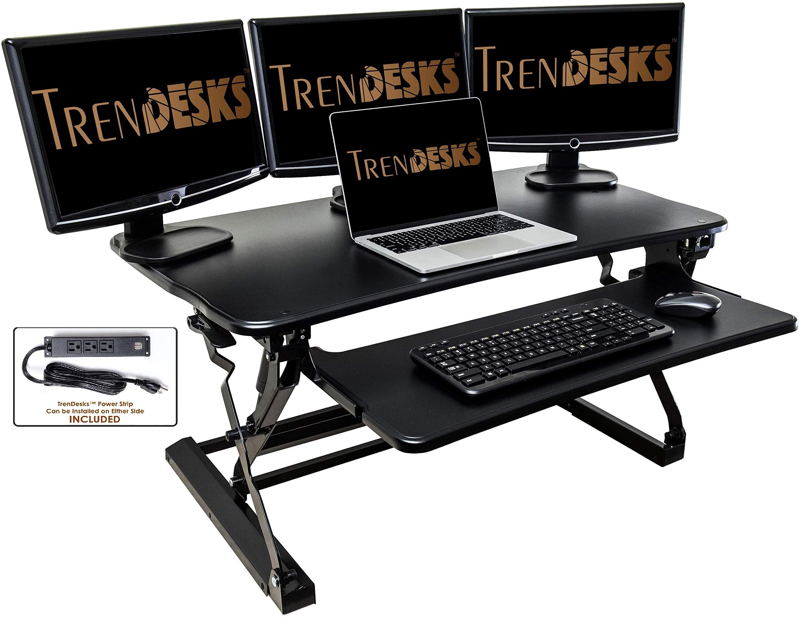 TrenDesks E-1 (Black) - Height-Adjustable Standing Desk, Fully Assembled, Large Work Space (40" x 23"), Big Retractable Keyboard Tray, Powerful Gas Cylinders Riser Converter, Include One Power Strip