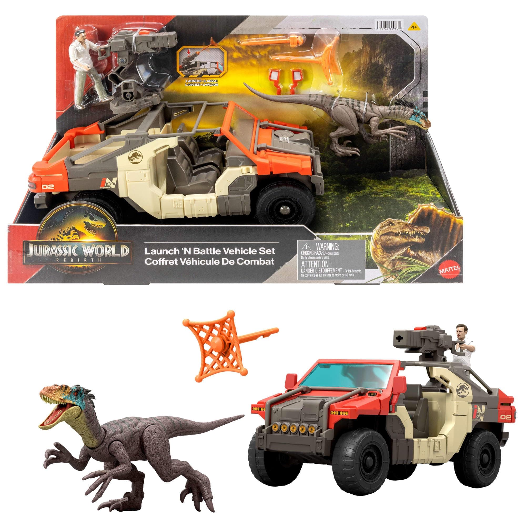 Mattel Jurassic World Rebirth Vehicle with 1 Human & 1 Dinosaur Figure, Launch ‘N Battle Truck, Martin Krebs Figure & Raptor, Turret & 2 Projectiles, JGB59