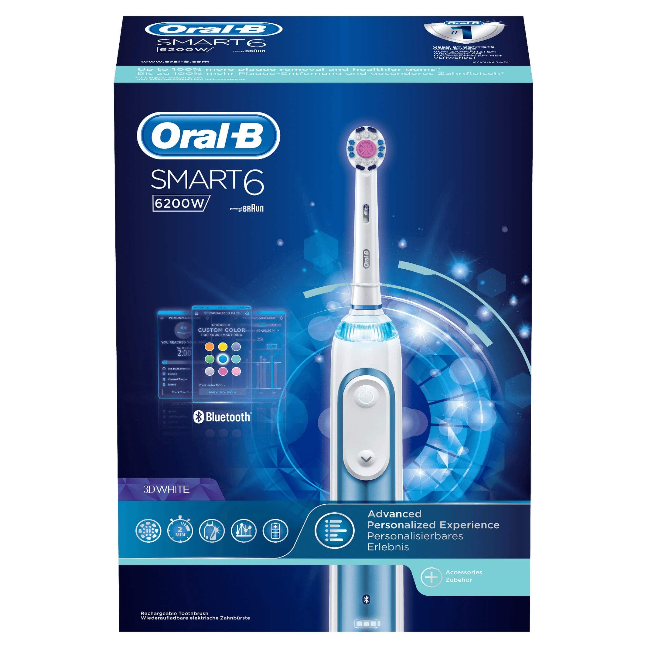Braun Oral-B Smart 6 6200W 3DWhite Rechargeable Electric Toothbrush - 1 Smart Handle - 5 Modes Including Whitening, Soft and Gum Care - 3 Brush Heads - 1 Premium Travel Case