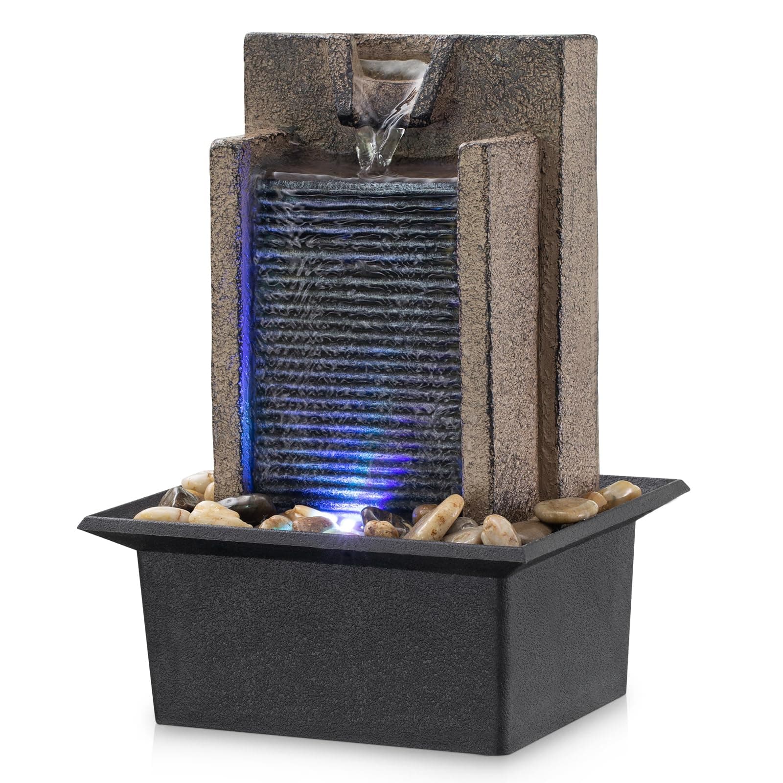 Tabletop Fountain Relaxing Tabletop Waterfall Fountain with Natural River Rocks & Color-Changing LED Lights - Indoor Zen Office/Home Decor Water Feature, 6.3"x 5.12"x 8.66"