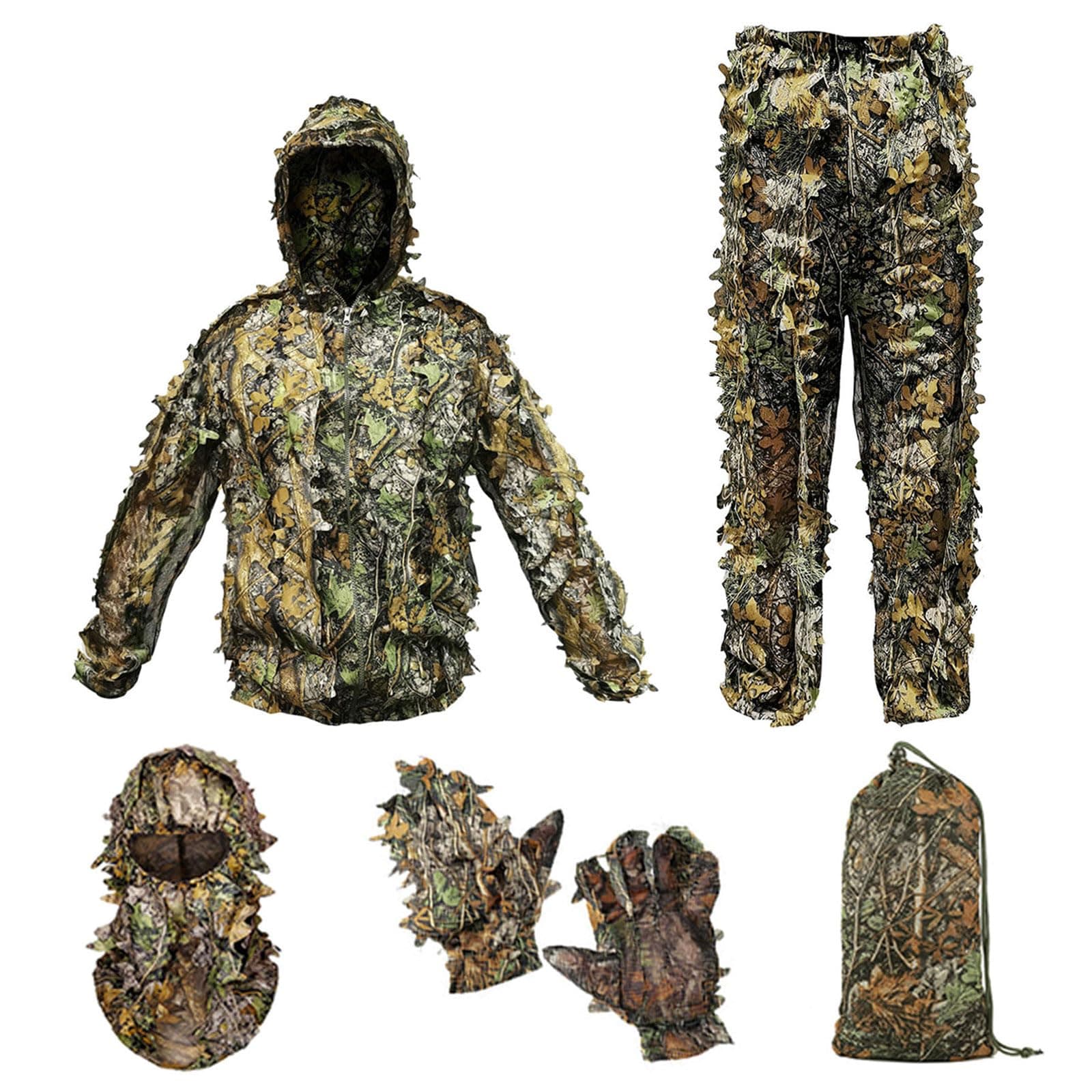 Ghillie Suit Camouflage Hunting Suits Outdoor 3D Leaf Lifelike Camo Clothing Lightweight Breathable Hooded Apparel