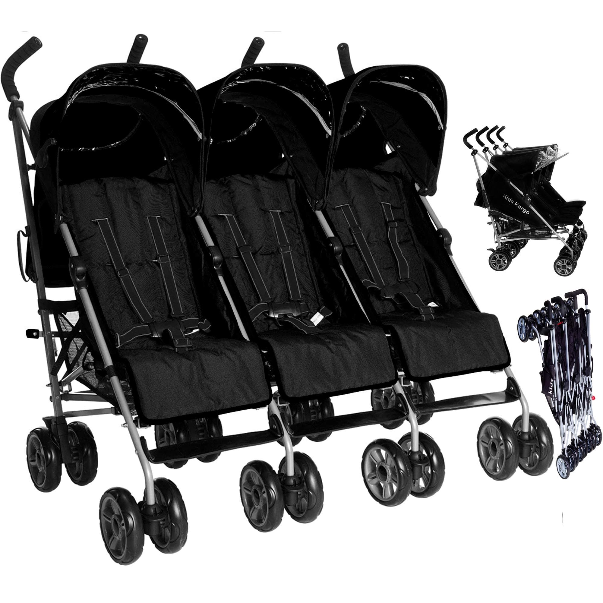 Kids Kargo Triple Stroller birth-15kg per seat. Safety Reflectors, Umbrella fold, 3 Visors & a rain Cover. Midnight Black Pushchair