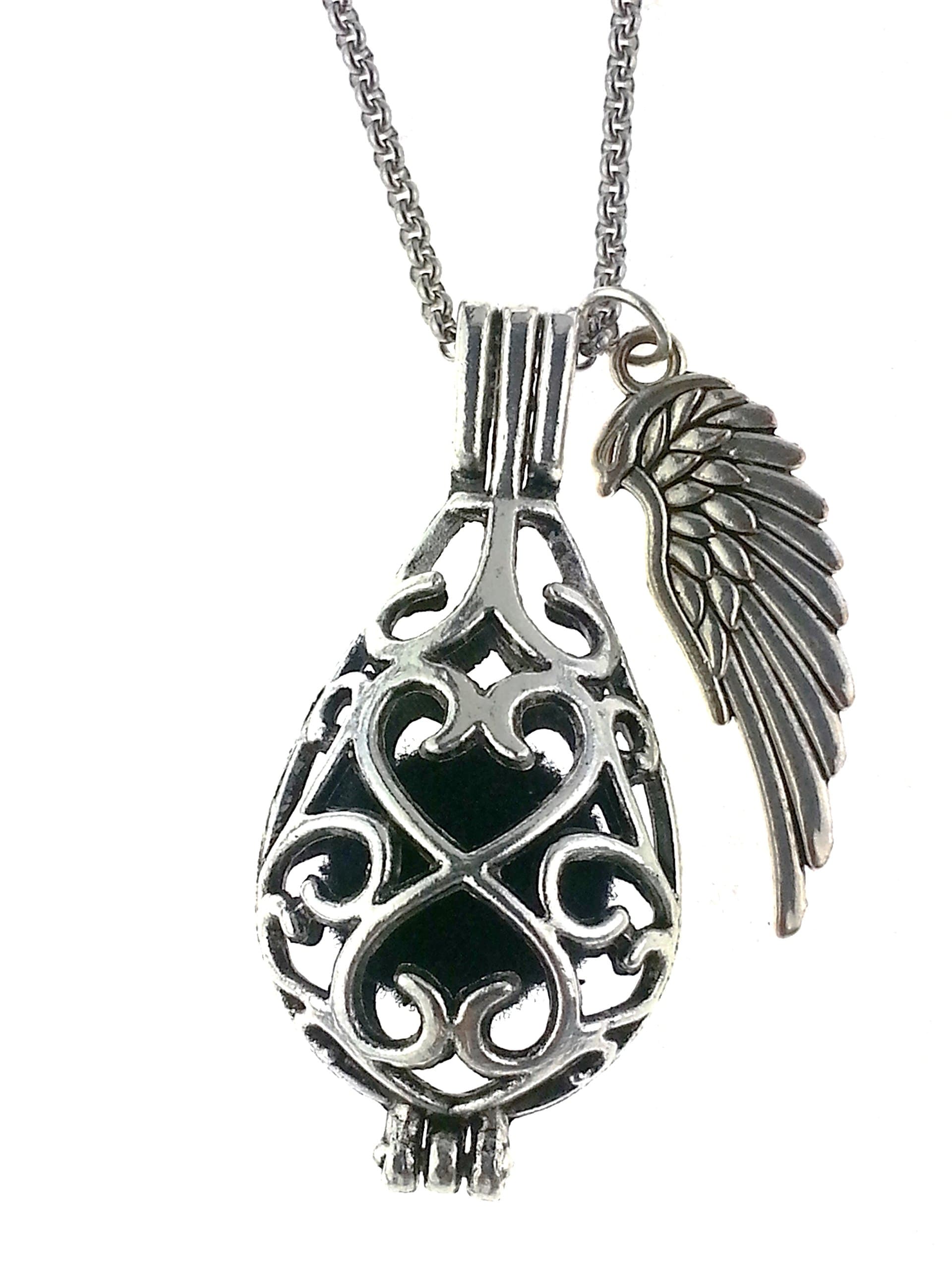 Earth in Wire Filigree Teardrop Essential Oil Diffuser Necklace, Large Aromatherapy Necklace with Angel Wing charm and 18 inch chain and 3 poms included.