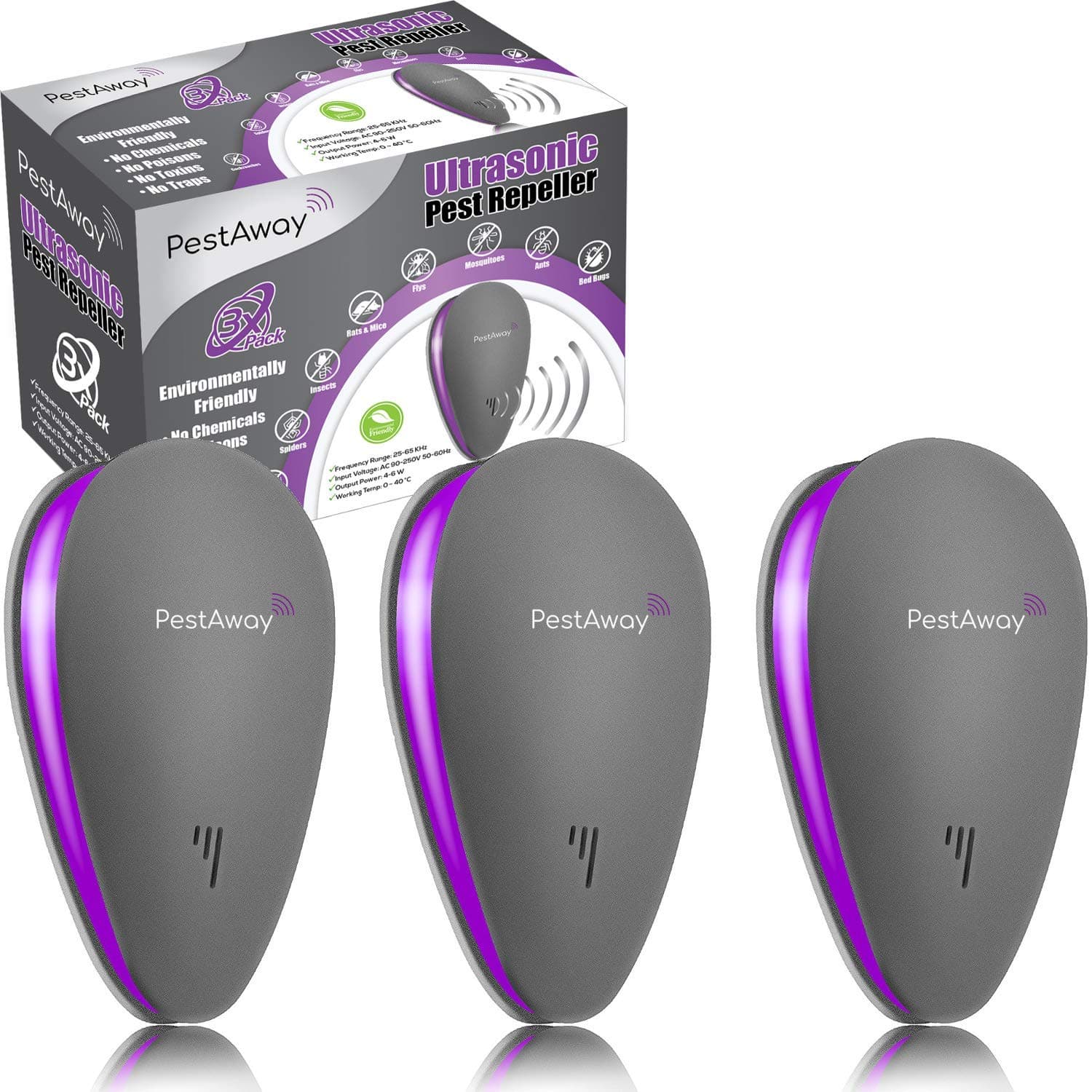 PestAway Ultrasonic Pest Repeller - NEW 2023 UPGRADED (3 Pack) - Mouse & Rat Control - Insect & Rodent Repellent For Mosquitos, Flies, Wasps, Ants, Spiders, Bed Bugs, Fleas, Roaches, Rats, Mice