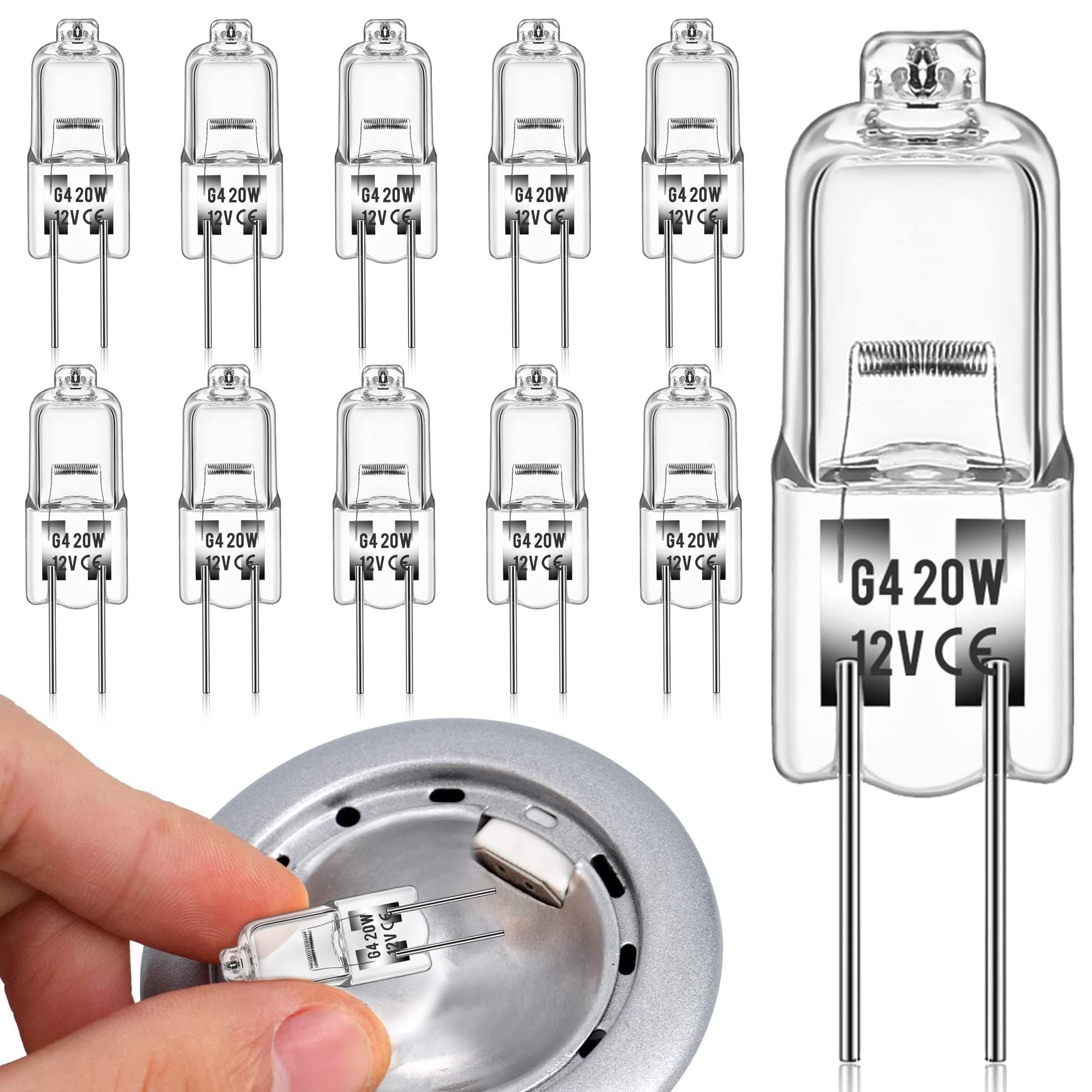 DORESshop 10 Packs G4 Base Halogen Light Bulbs, 2 Pin 12V 20W T3 Bi-Pin Long Lifetime Dimmable 3000K for Under Cabinet Puck Light, Chandeliers