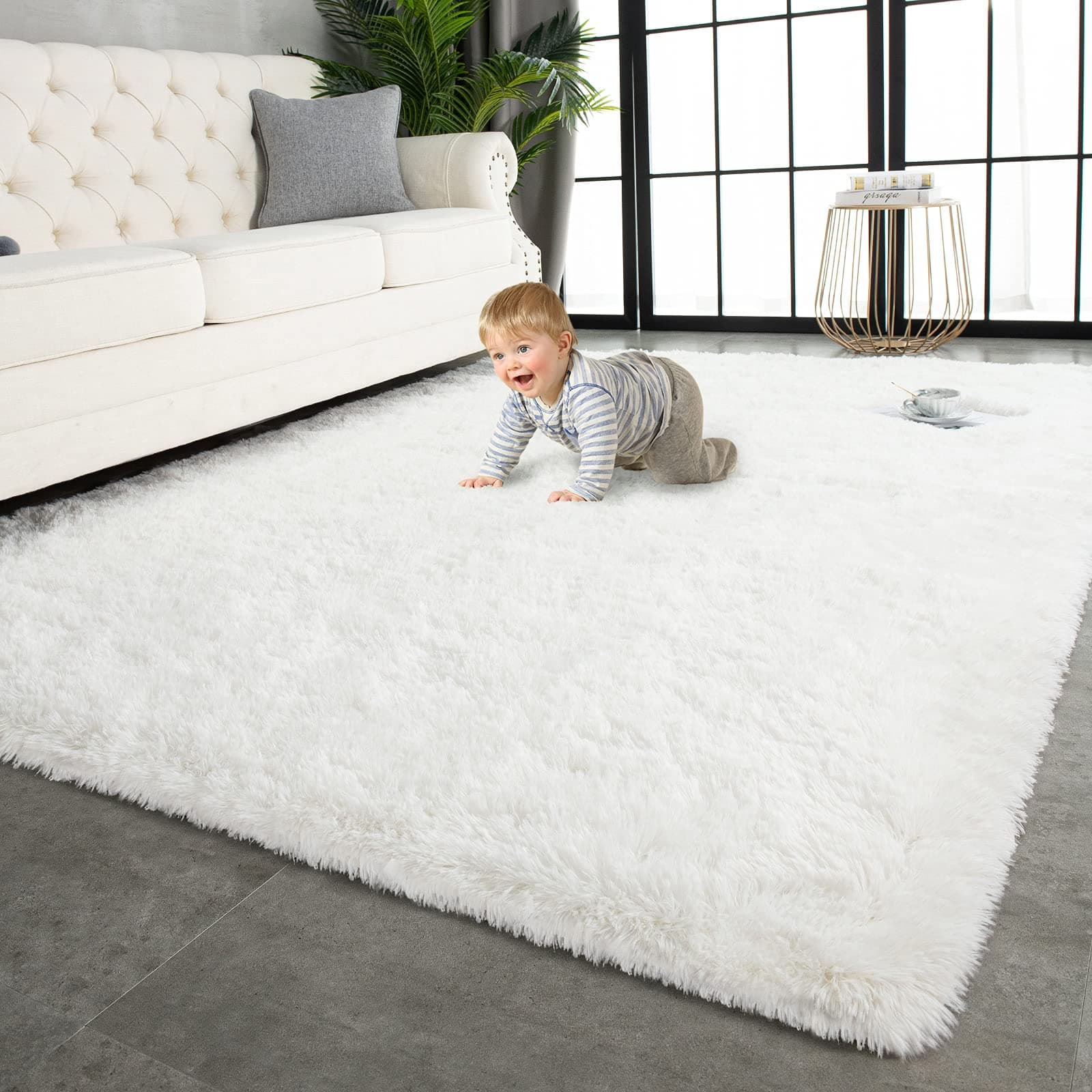 TWINNIS Super Soft Shaggy Rugs Fluffy Carpets 5x8 Feet, Indoor Modern Plush Area Rugs for Living Room Bedroom Kids Room Nursery Home Decor, Upgrade Anti-Skid Rectangular Fuzzy Rug, Cream White