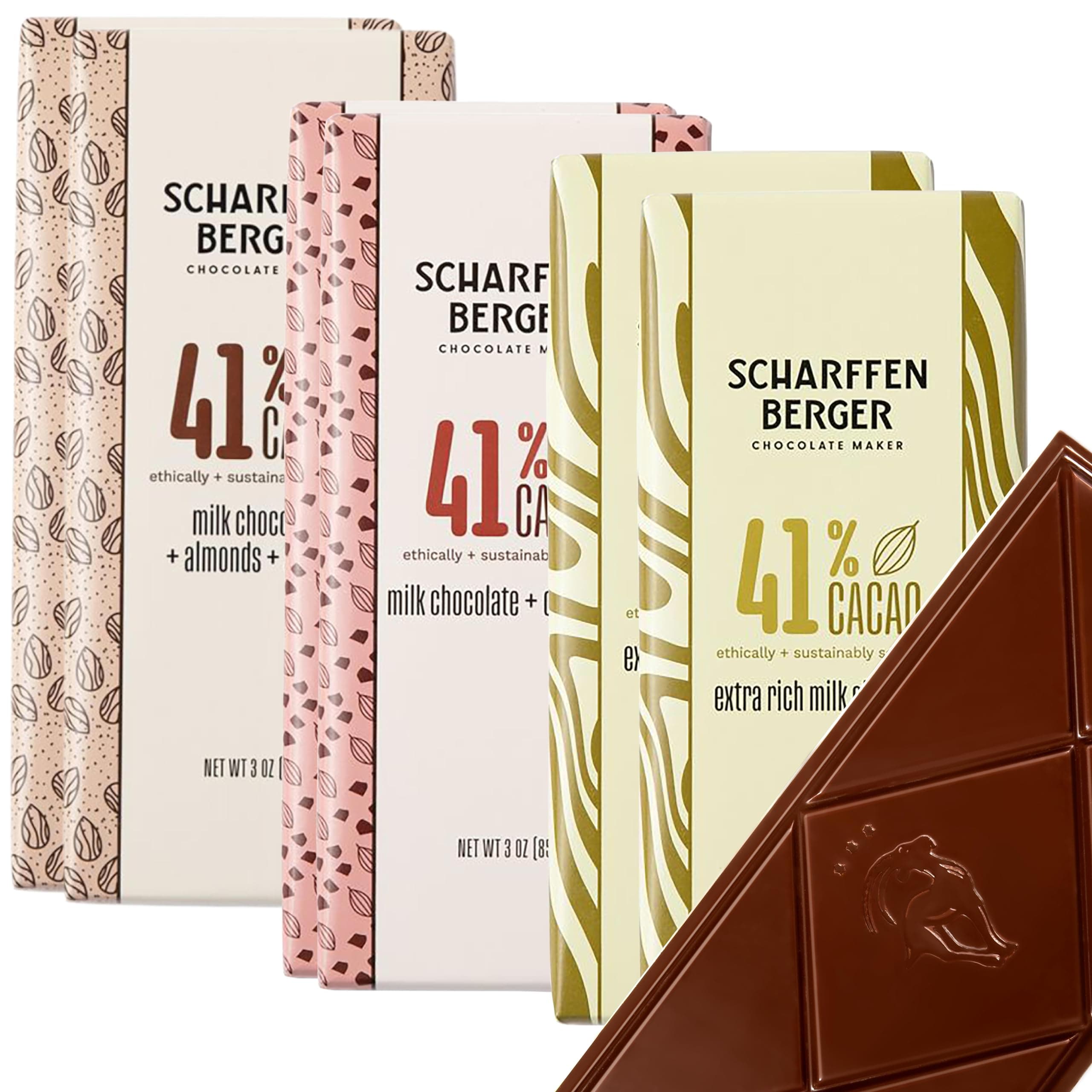 Scharffen Berger Chocolate Bar (3 Ounce, Pack of 6) - Milk Chocolate Bar Variety Pack, 41% Cacao, Gluten Free, Non GMO Natural Chocolate Bars, Individual Chocolate