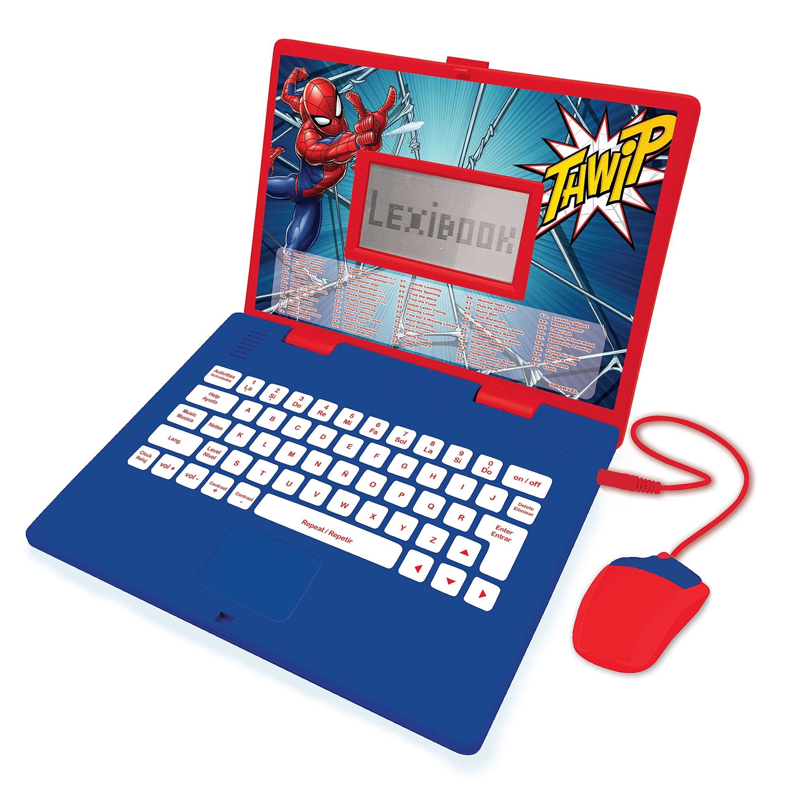 LEXIBOOK, Spider-Man, Educational and Bilingual Laptop Spanish/English-Toy for Child Kid (Boys & Girls), 124 Activities, Learn Play Games and Music, Red/Blue, JC598SPi2