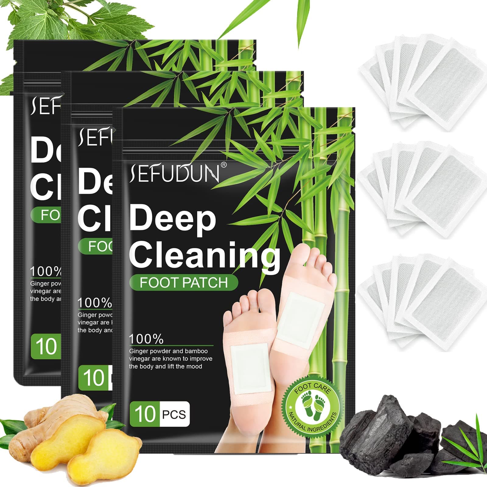 Detox Foot Pads, 30PCS Pure Natural Bamboo Vinegar and Ginger Powder Adhesive Foot Pads for Pain & Stress Relief and Improve Sleep, Detox Foot Patch