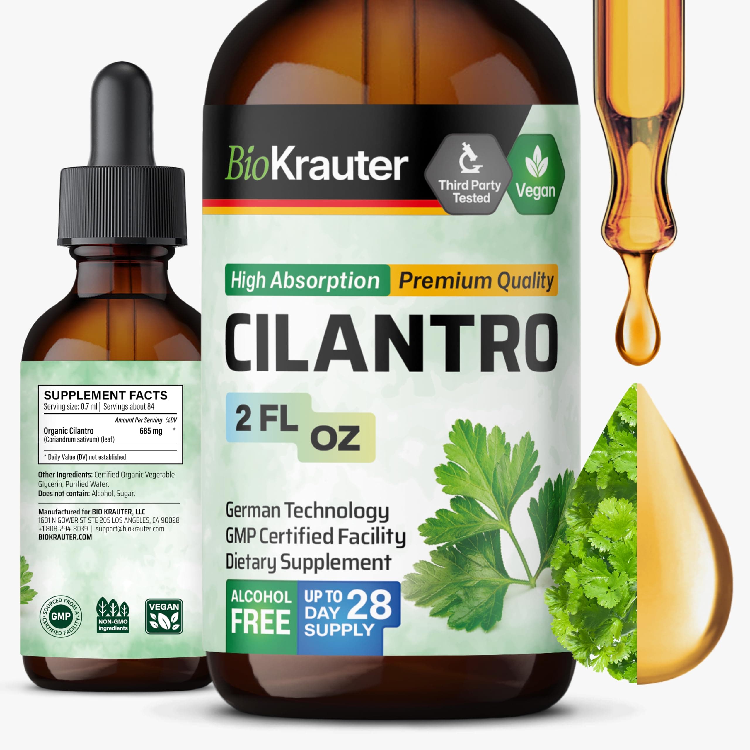 BIO KRAUTER® Cilantro for Detox Cleanse - Vegan Antioxidant Supplement, Natural Cilantro Tincture 650 mg per Serving - Liquid Coriander Leaf Supplement, Alcohol & Sugar Free, 2 Fl.Oz 28-Day Supply