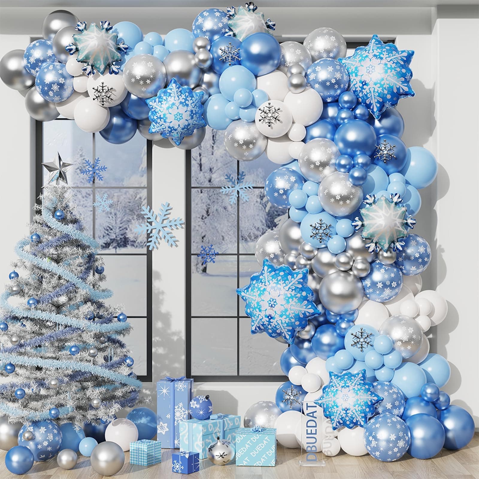 Blue Snowflake Balloon Garland Arch kit-Snowflake Balloon with Silver Blue White Latex Balloons set for Winter Wonderland Holiday Christmas Baby Shower Snow Princess Birthday Party Decorations