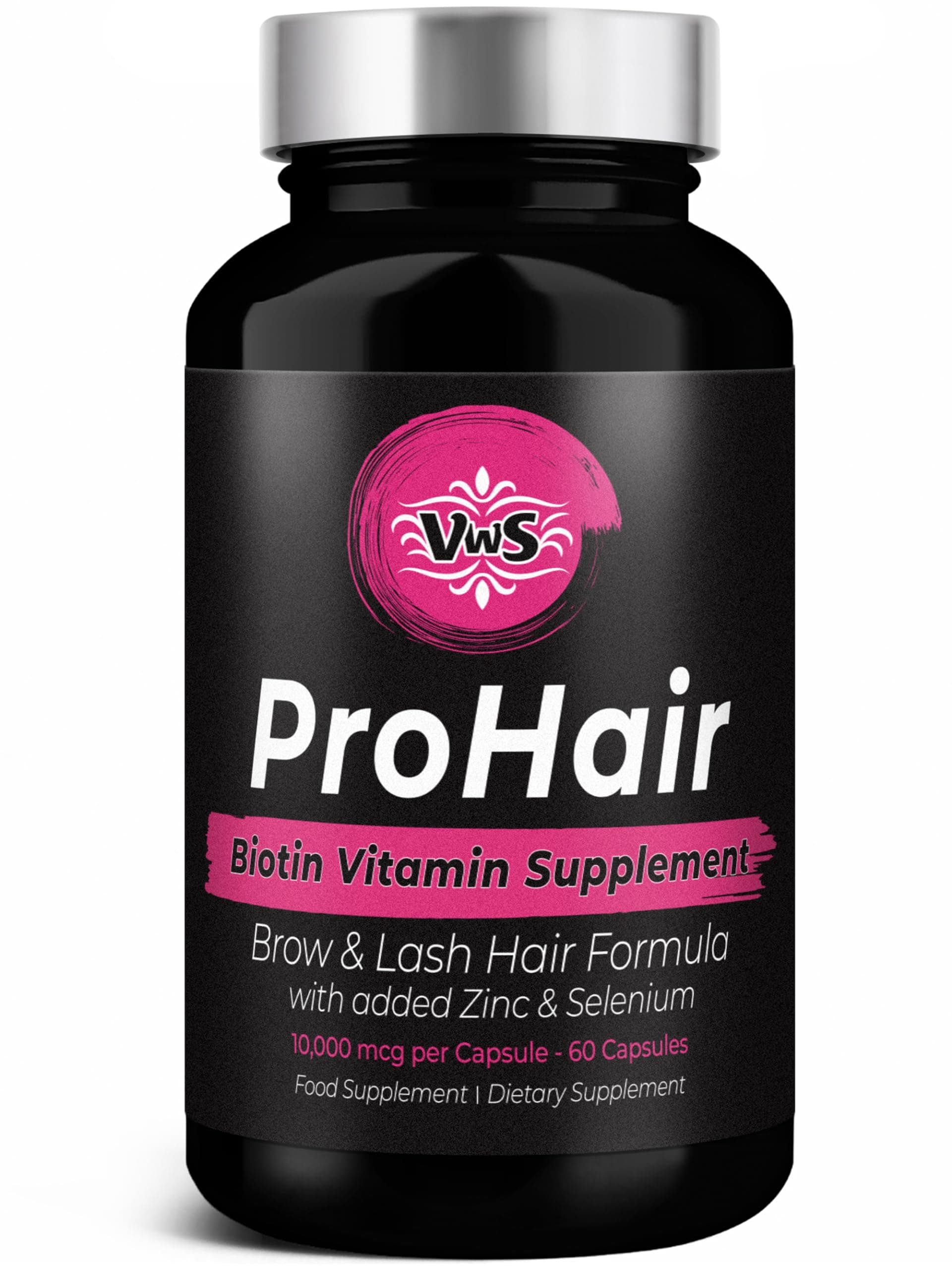 VWS Biotin 10,000 mcg Dietary Supplement w/Zinc & Selenium to Promote Thicker Hair Growth, Stronger Nails & Healthy Skin for Women and Men, 60 Vegan Capsules
