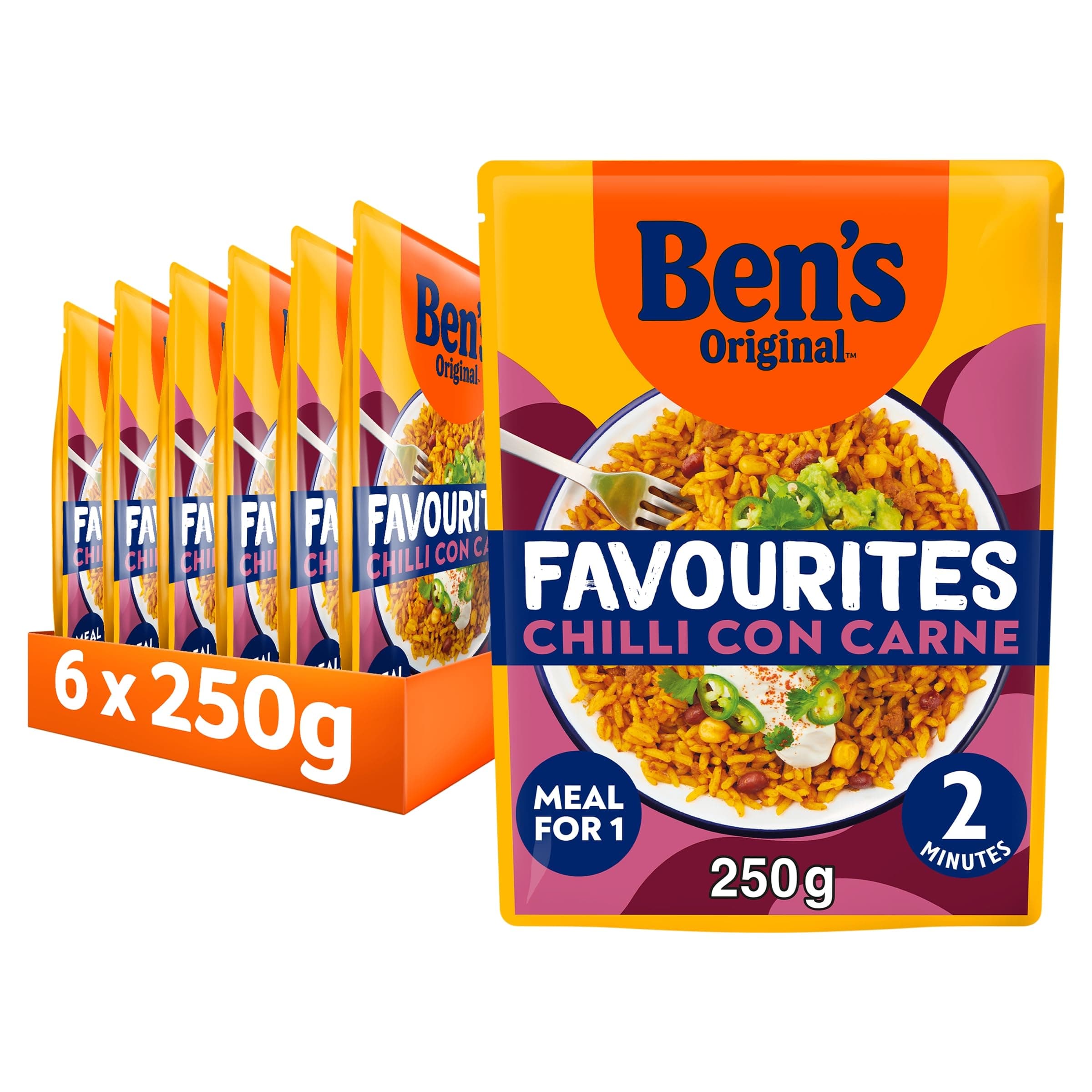 Bens Original Favourites Chilli con Carne Minced Beef and Vegetable ready in 2 minutes Microwave Rice Meal serves 1 multipack 6x 250g