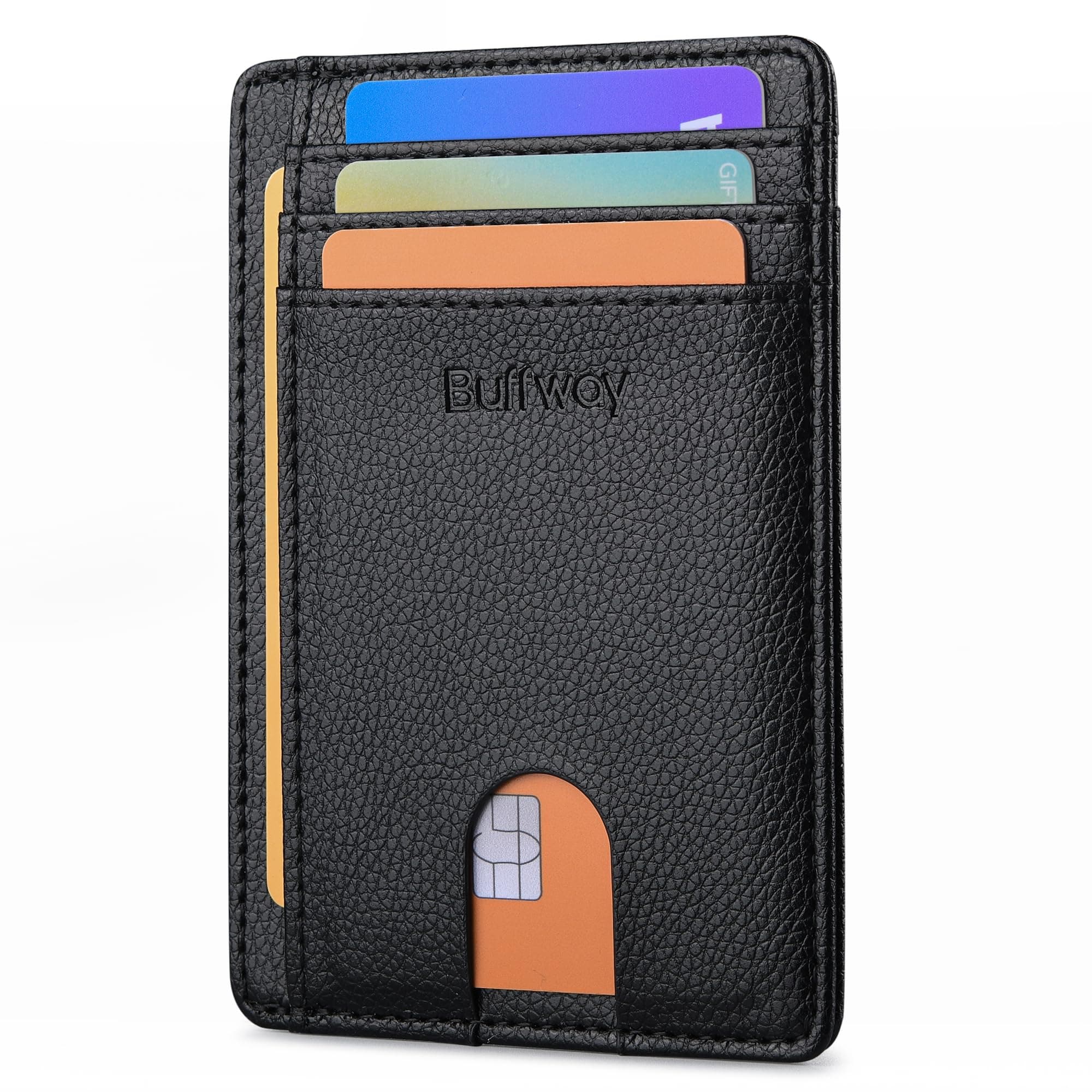 Buffway Slim Minimalist Front Pocket RFID Blocking Leather Wallets for Men and Women, Lichee Black, S, Minimalist