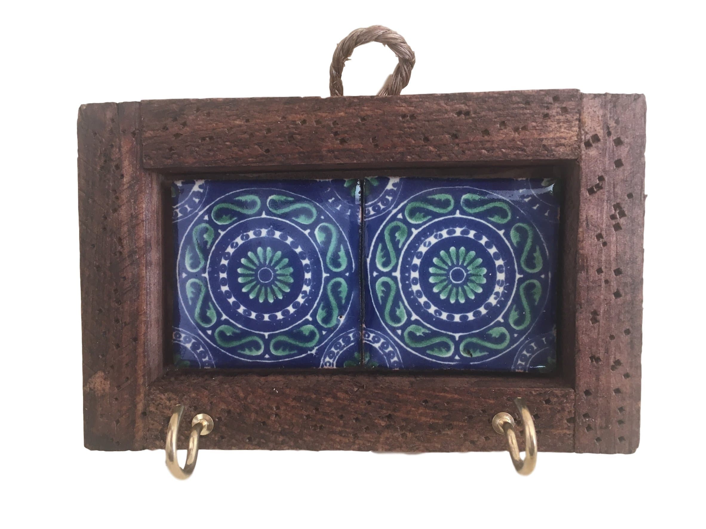 Casa Fiesta Designs Key Holder with Metal Hooks and Colorful Talavera - Mexican Style - 2 Tiles - Portallaves 2 Azulejos