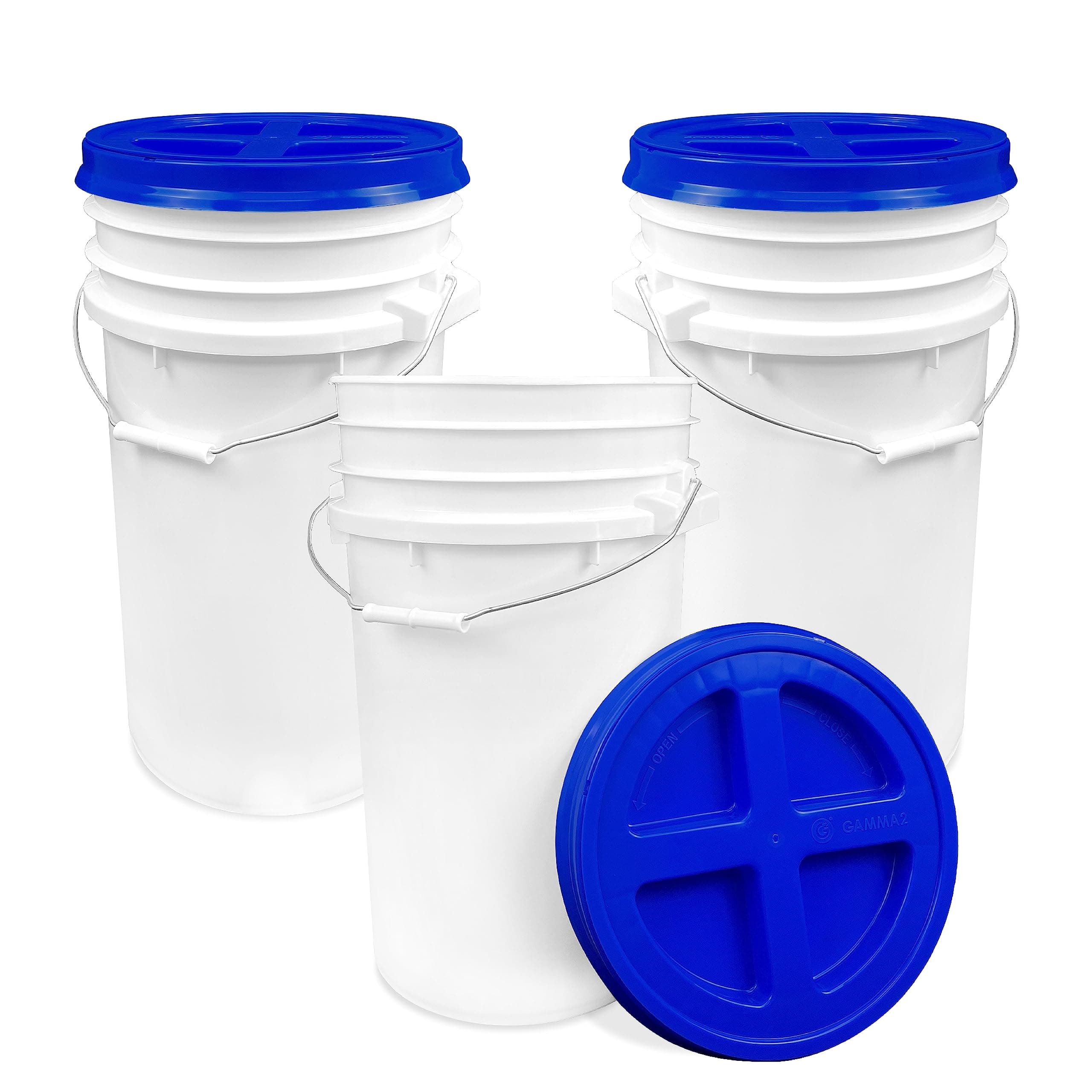 7 Gallon White Bucket with Blue Gamma Screw on Lid, Food Grade Storage, Premium HPDE Plastic, BPA Free, Durable 90 Mil All Purpose Pail, Made in USA (3 Count)