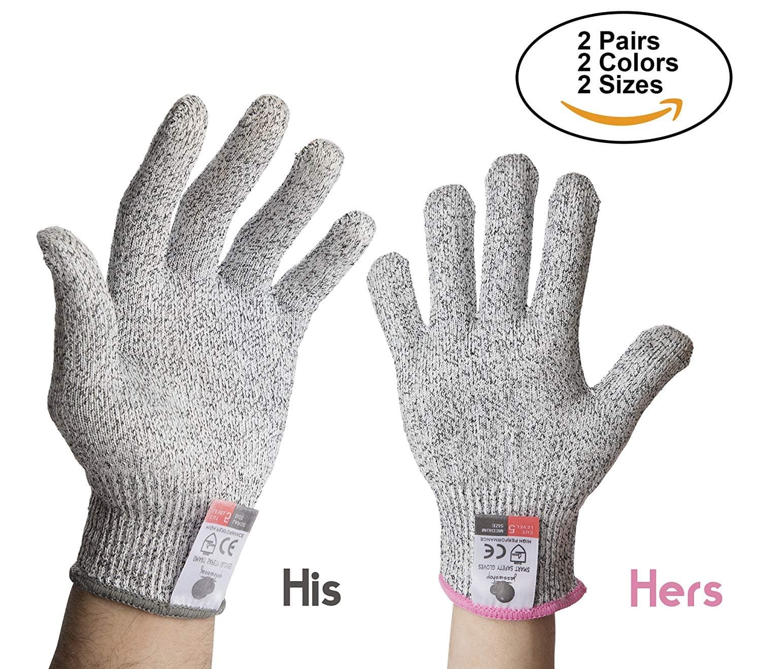 2 Pairs Chefs Choice No1 in Mandolin Knife Level 5 Protection Women's Pink cuff Men Gray sizes LandM Cut Resistant Glove Food Grade Safety Cut Proof Kitchen Cooking Food Prep Butcher Commercial