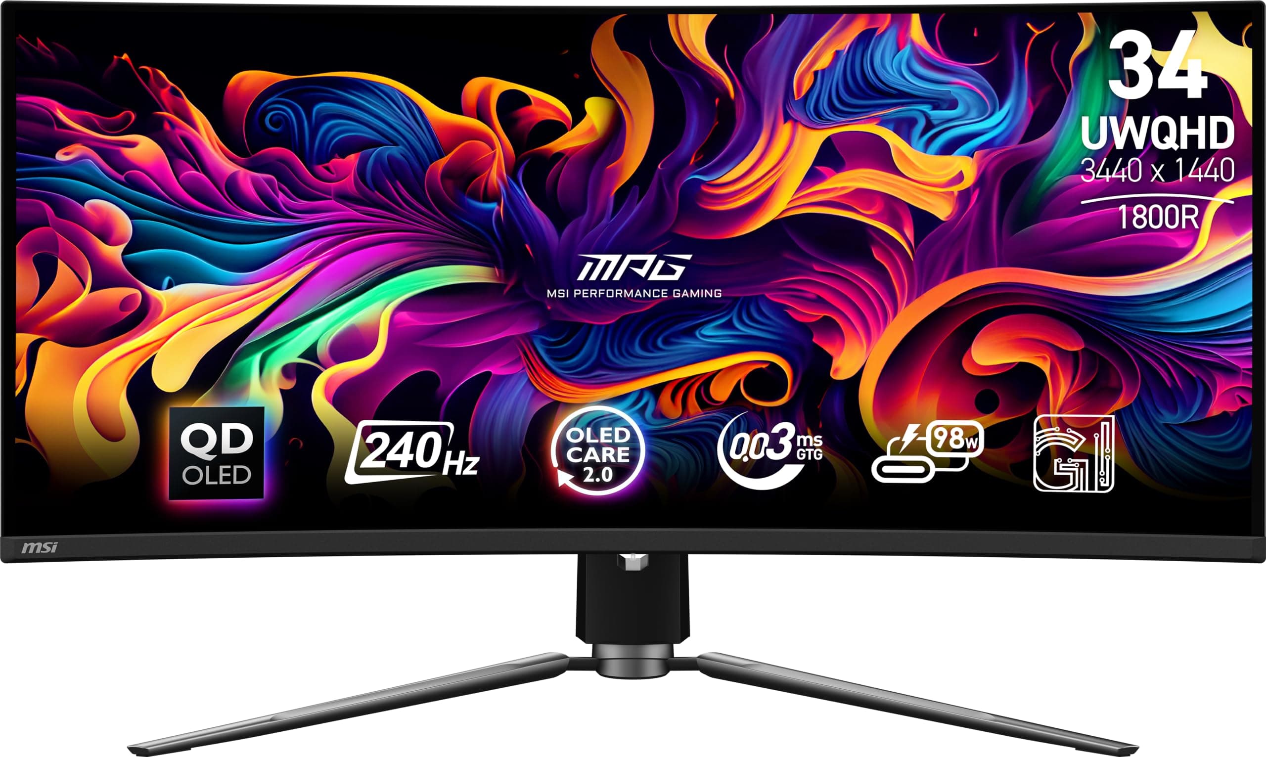 MSI MPG 341CQPX QD-OLED 34-inch Curved OLED Gaming Monitor, 3440 x 1440 (UWQHD), 0.03ms Response time, 240Hz, True Black HDR 400, HDMI, DP Port, USB Type C, Tilt, Height Adjustable