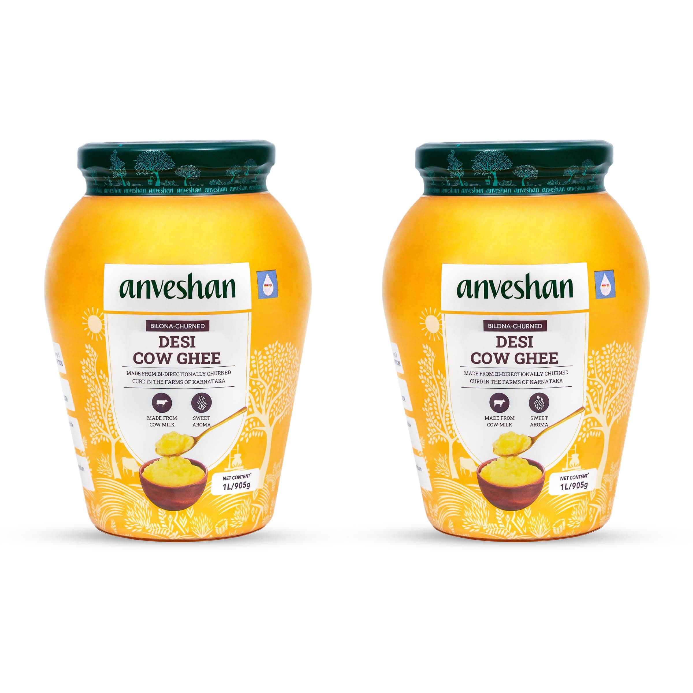 Anveshan Empowering farmers with technology A2 Desi Cow Ghee (1Ltr x 2 Jars) | Glass Jar | Bilona Method | Curd-Churned | Pure, Natural & Healthy | Lab Tested | Grass-Fed Cultured Ghee