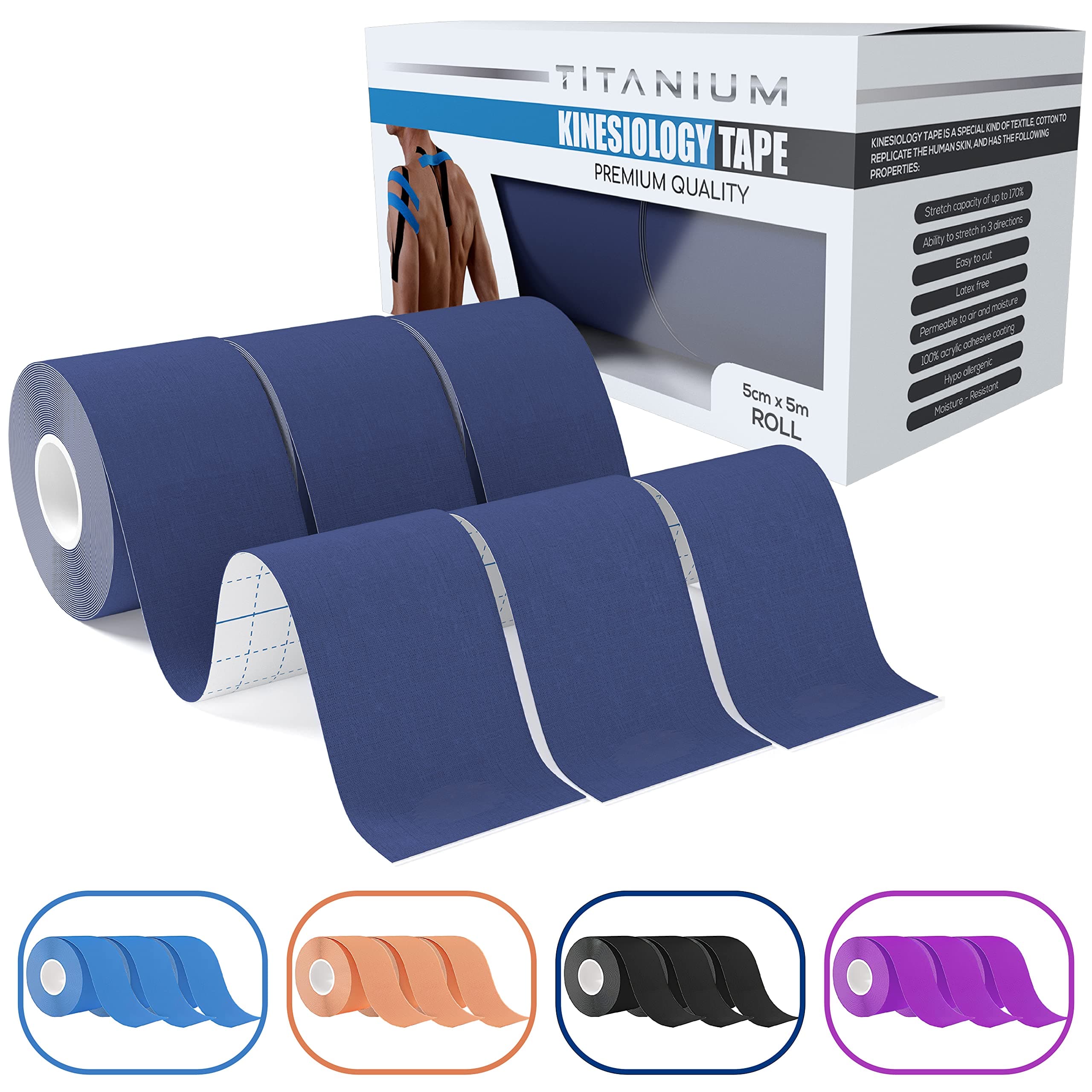 Kinesiology Tape (3pack) - 5m Roll of Elastic Water Resistant Tape for Support & Muscle Recovery - Quality Sports Tape (Dark Blue)