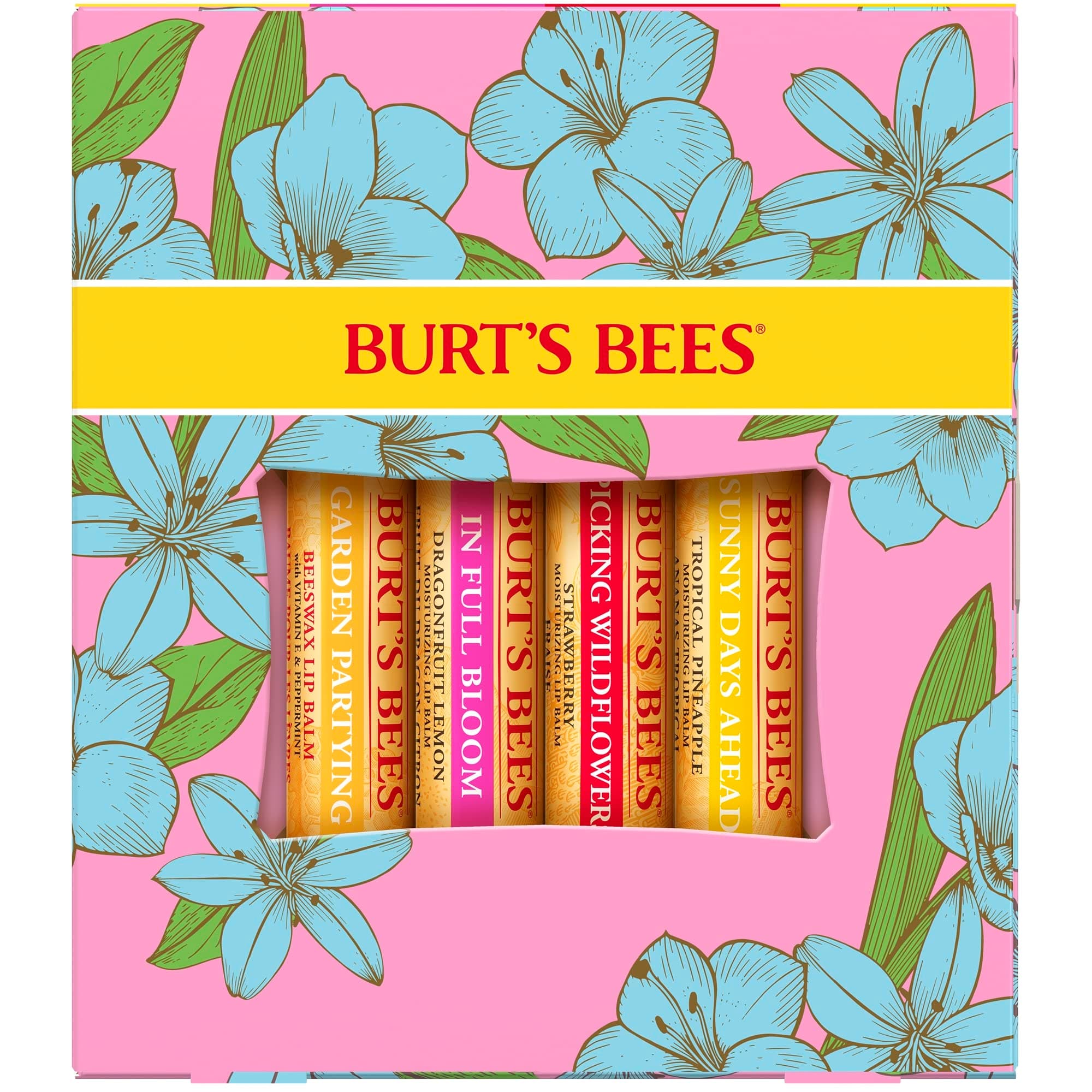 Burt's Bees Lip Balm Gift Set, Beeswax, Strawberry, Tropical Pineapple, Dragonfruit Lemon, In Full Bloom, 4x4.25g