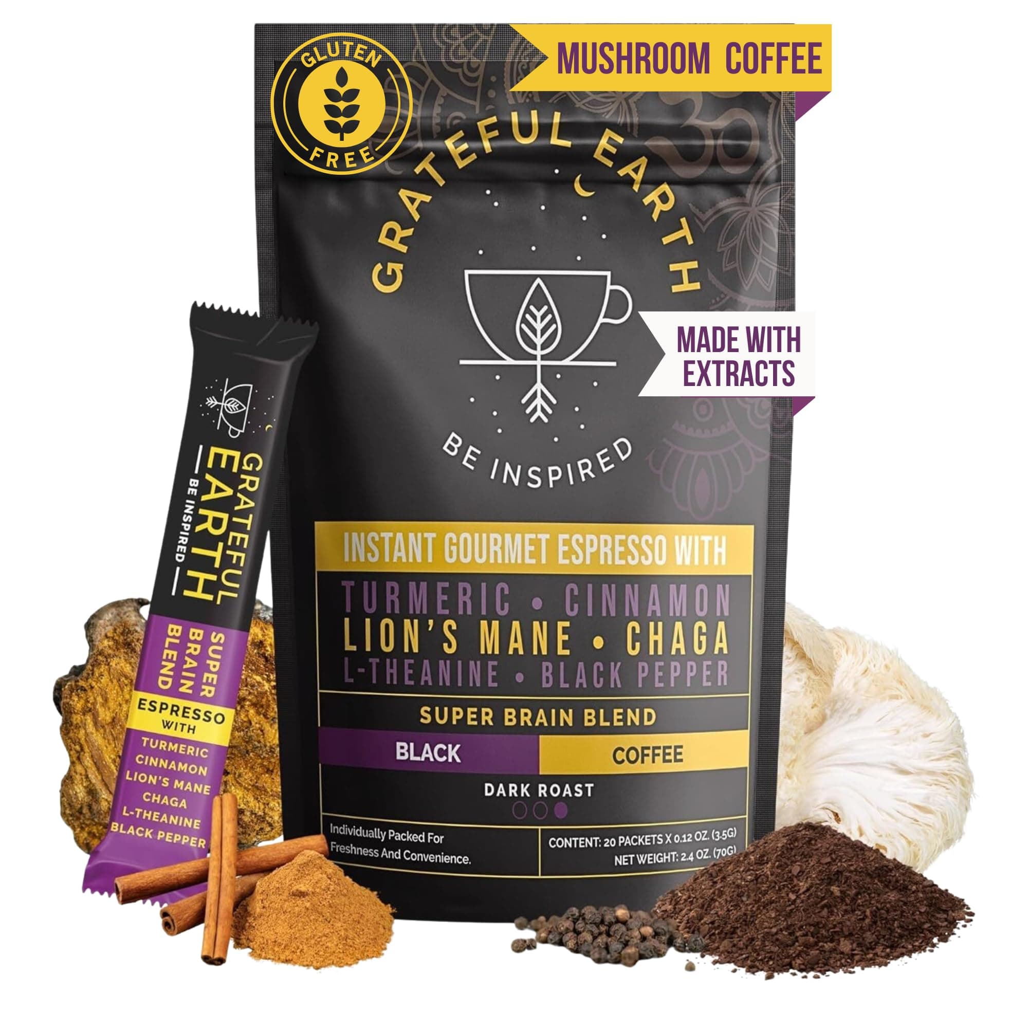 Mushroom Coffee, Instant Espresso with Lion’s Mane Mushrooms, Chaga, L-Theanine, Super Brain Nootropic Blend, Focus, Energy, Immune Support & Gut Health, Dairy & Gluten Free, 20 Packets
