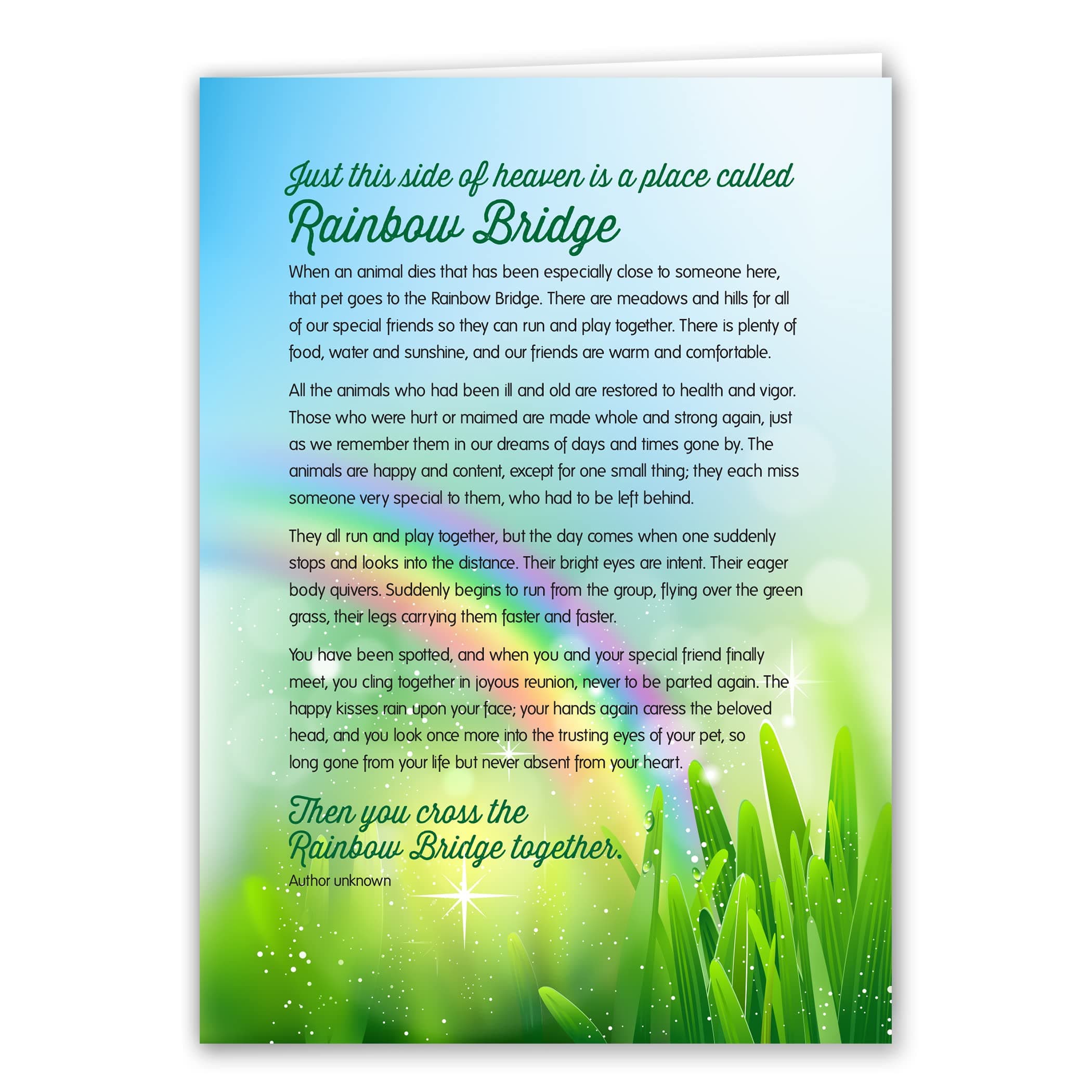 Rainbow Bridge Keepsake Pet Sympathy Card for Dog, Cat, Horse or Any Pet Loss, 5"x7"