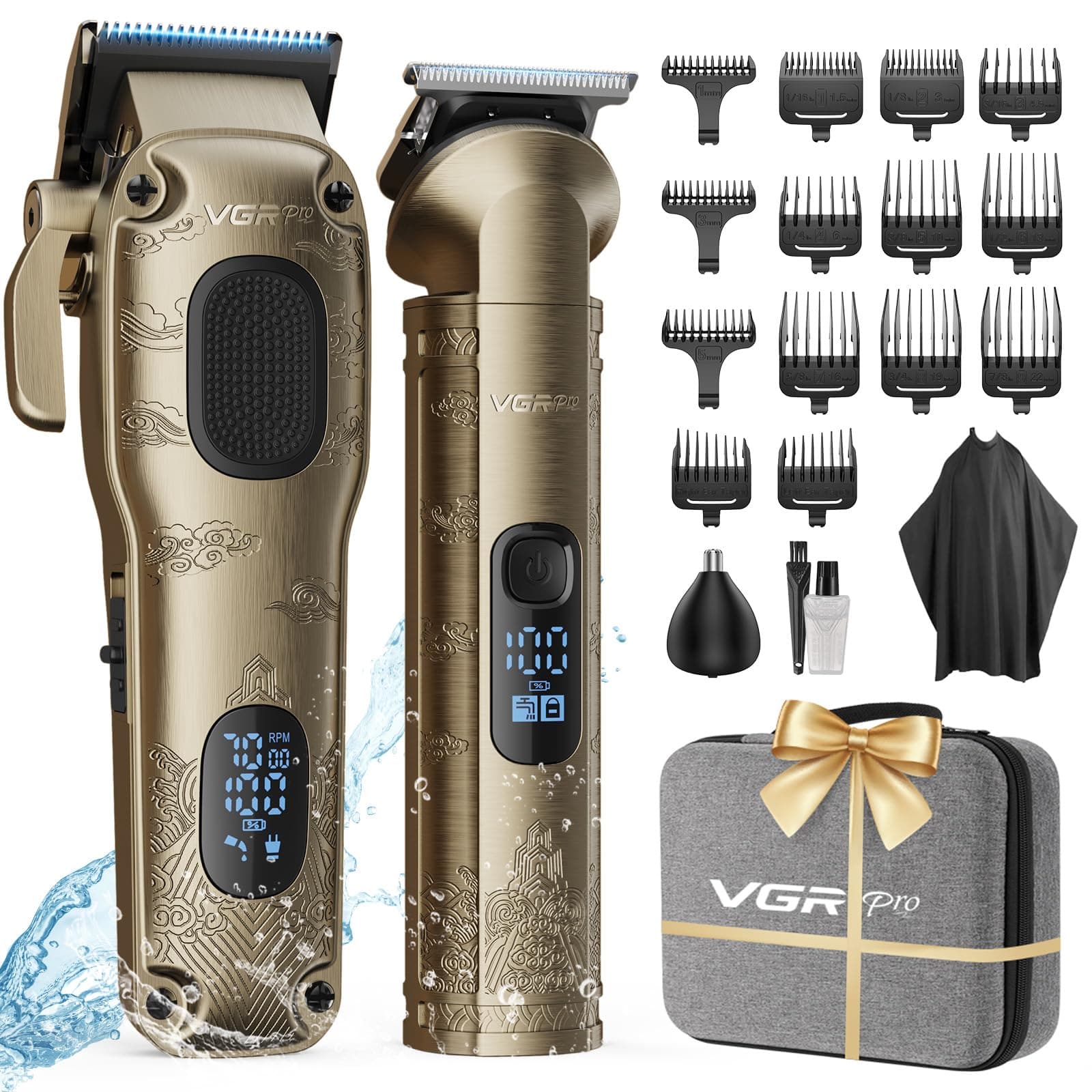 VGR Professional Hair Clippers and Trimmer Kit for Men, Cordless Barber Clipper and 4pcs Trimmer, Hair Cutting Kits with 10 Guard Combs, LED Display