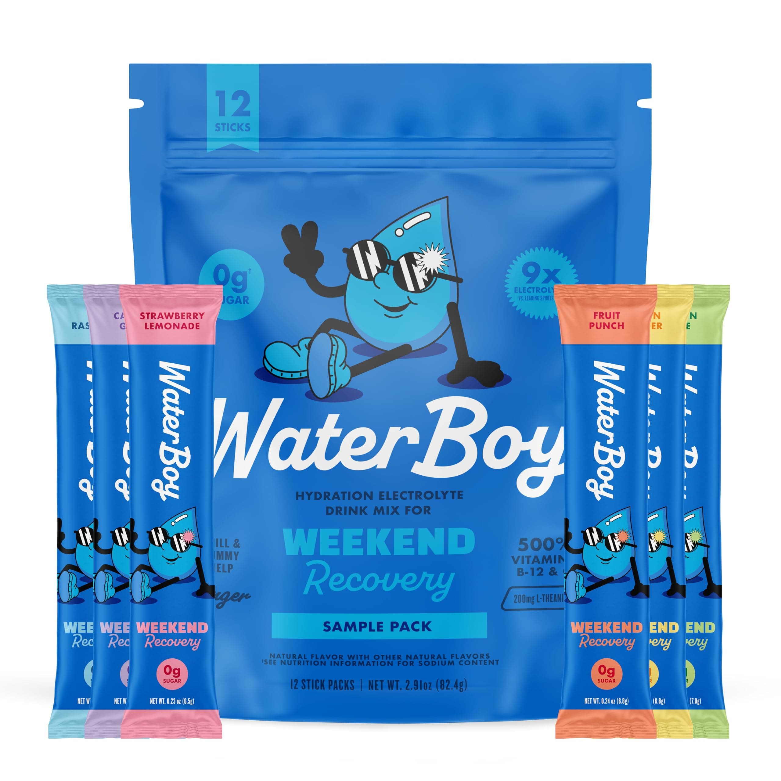 Waterboy Weekend Recovery Sample Pack | 3,200mg Electrolyte Powder Packets | Ginger + L-Theanine + Vitamins | No Sugar, All Natural, Gluten Free | 12 Drink Stick Mixes (Sample Pack)