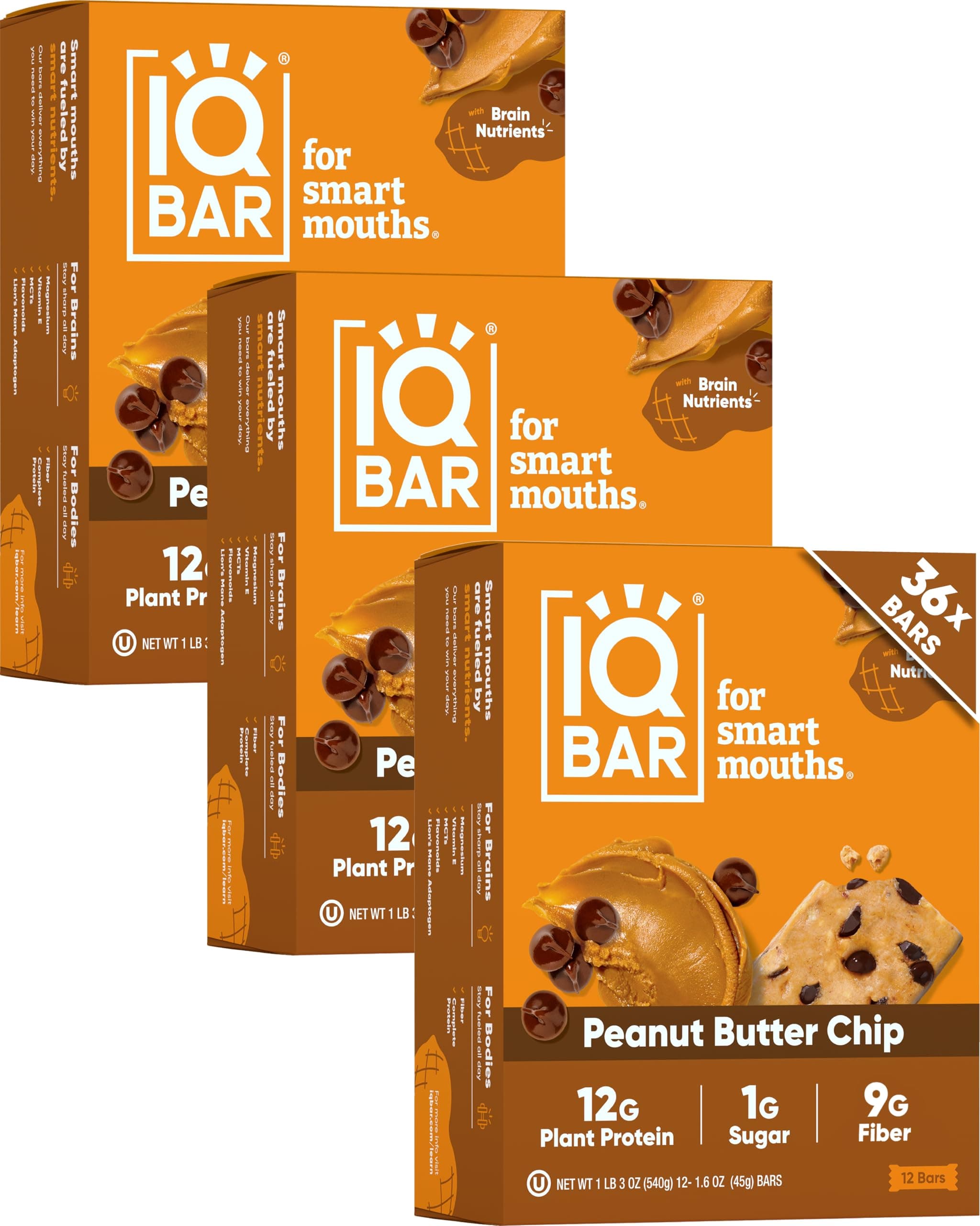 IQBAR Clean Plant Protein Bars - Peanut Butter Chip - 36 Count - Keto, Vegan, High Fiber, Gluten and Dairy Free, Low Sugar Snack - Brain and Body Nutrients for Focus, Energy, Meal Replacement