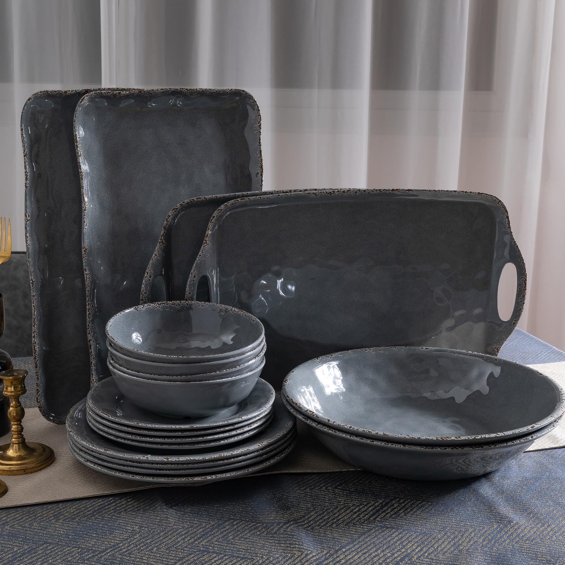 Large Vintage Melamine Serving Platter, Set of 2, 17x10 Inch Melamine Rectangular Serving Platter and Trays .Cool Gray