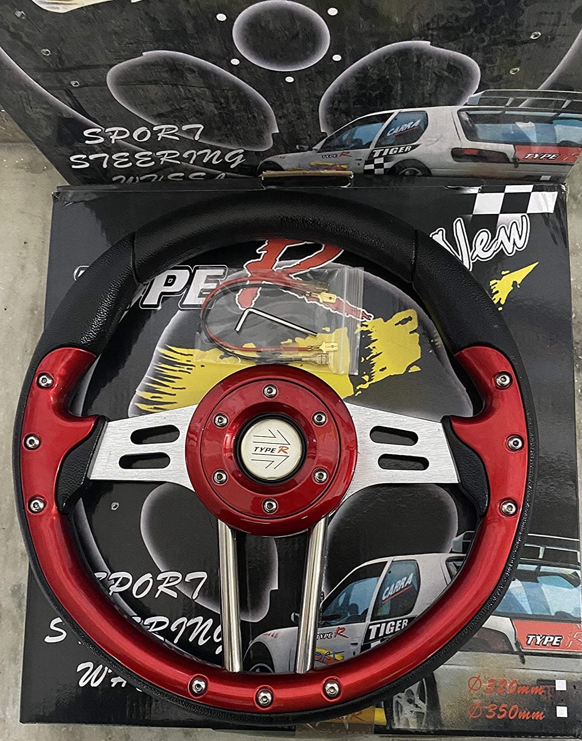 TYPE-R RED STEERING 13 inch TRACTOR STYLE MOMO Universal Steering Wheel for Sports Car Look Rally Race Off Road with HUB Free.