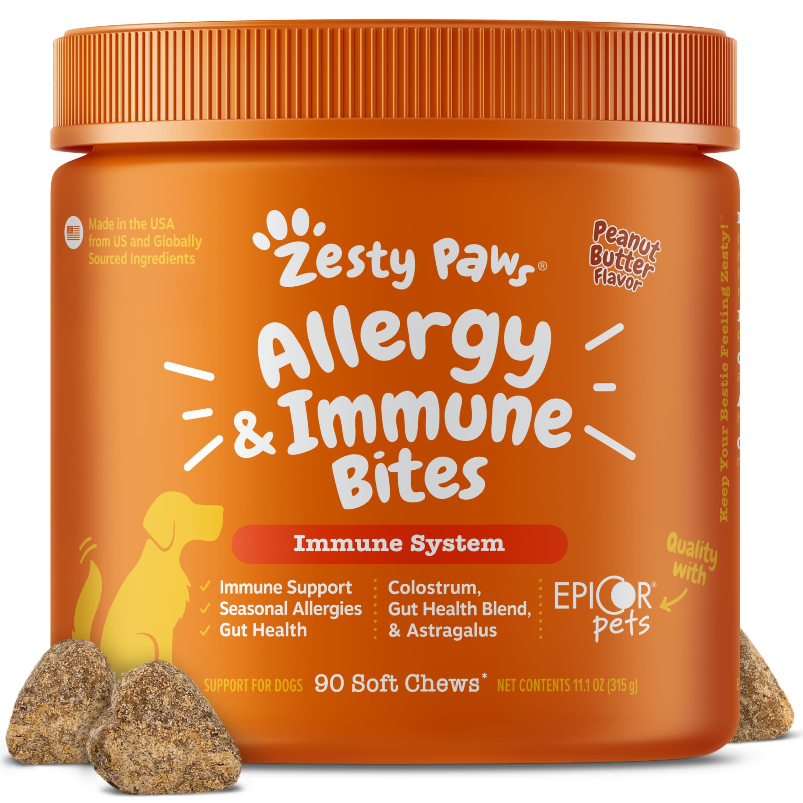 Zesty Paws Dog Allergy Relief Chews, Dog Probiotics for Itchy Skin and Ears, Peanut Butter, 90ct