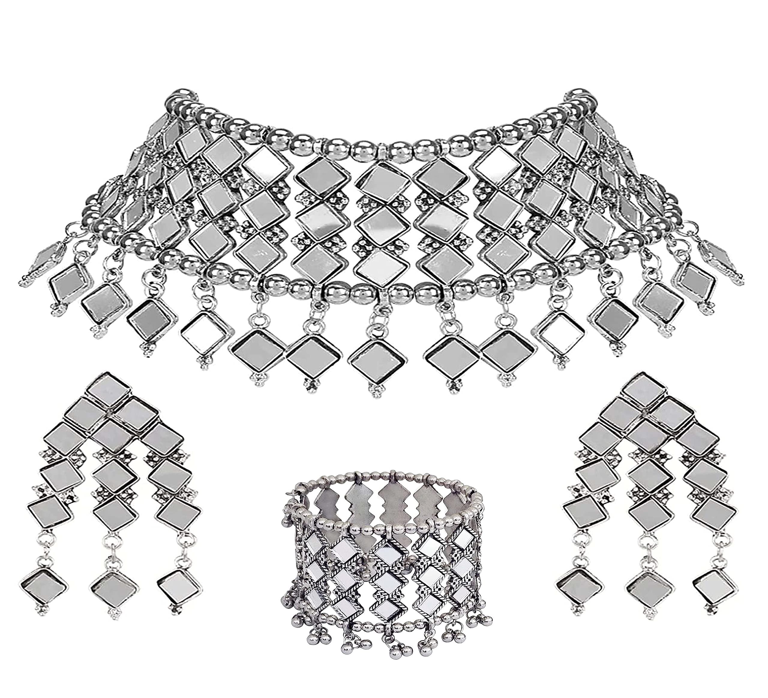 Total FashionAfghani Style Silver Oxidised Mirror Choker Necklace Set with Bracelet for Women & Girls