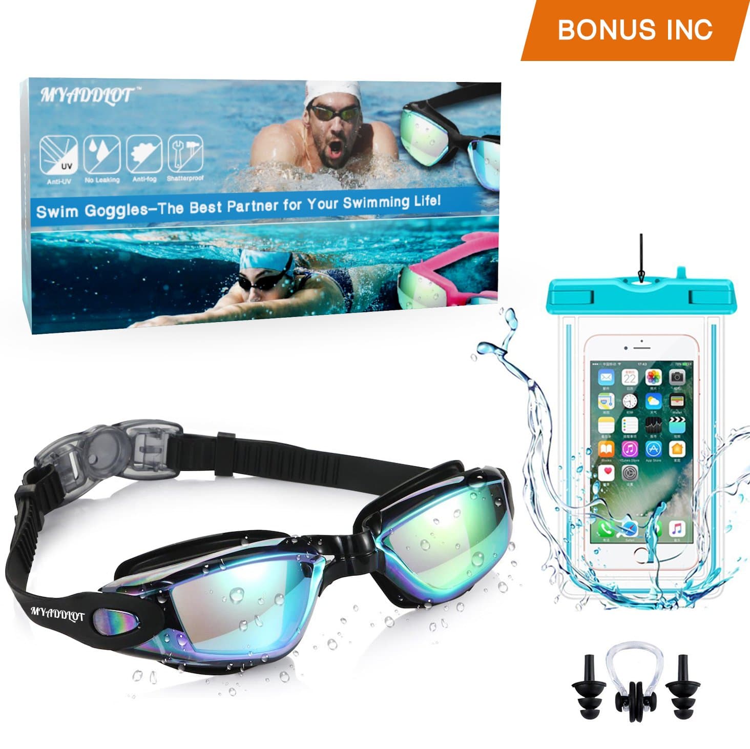 MYADDLOT 3D Ergonomic Swimming Goggles Swim Goggles Professional Anti Fog No Leaking UV Protection Wide View For Women Men Adult Youth Kids Waterproof Smartphone Case (black)