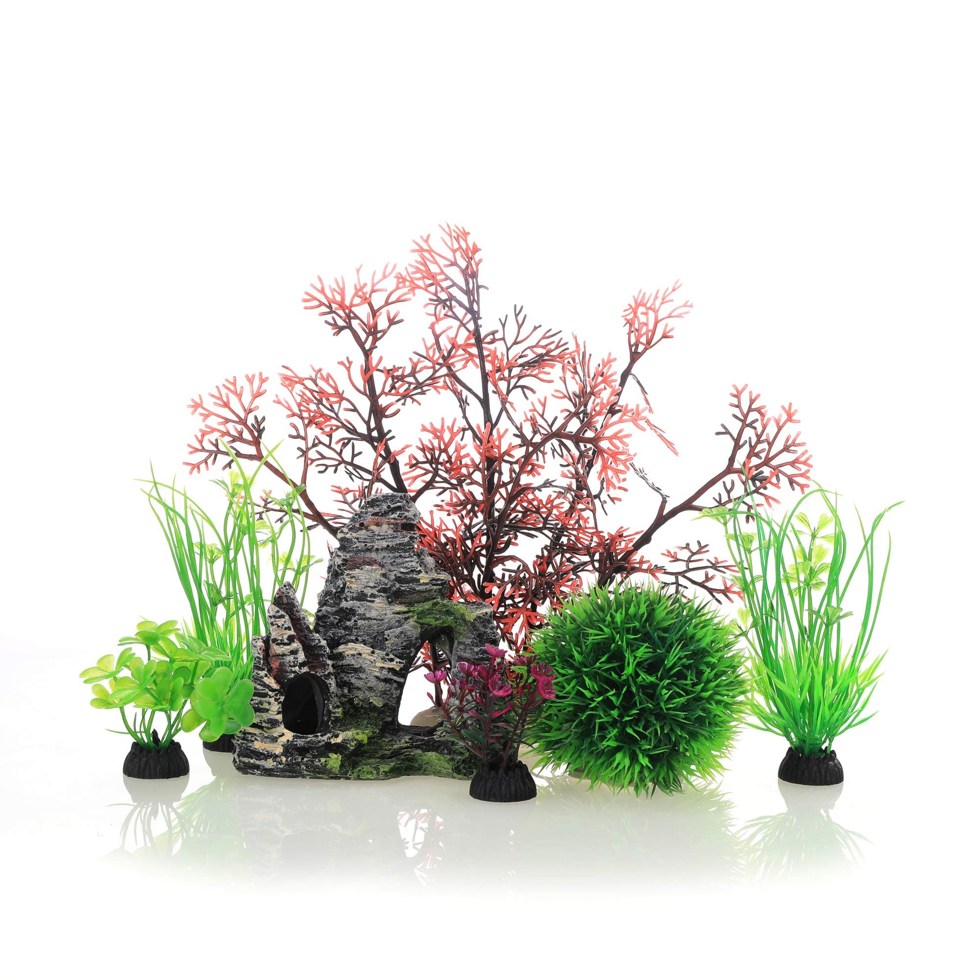 JIH Aquarium Fish Tank Plastic Plants and Cave Rock Decorations Decor Set 7 Pieces, Small and Large Artificial Fish Tank Plants with Cave Rock (CU89Red-7)