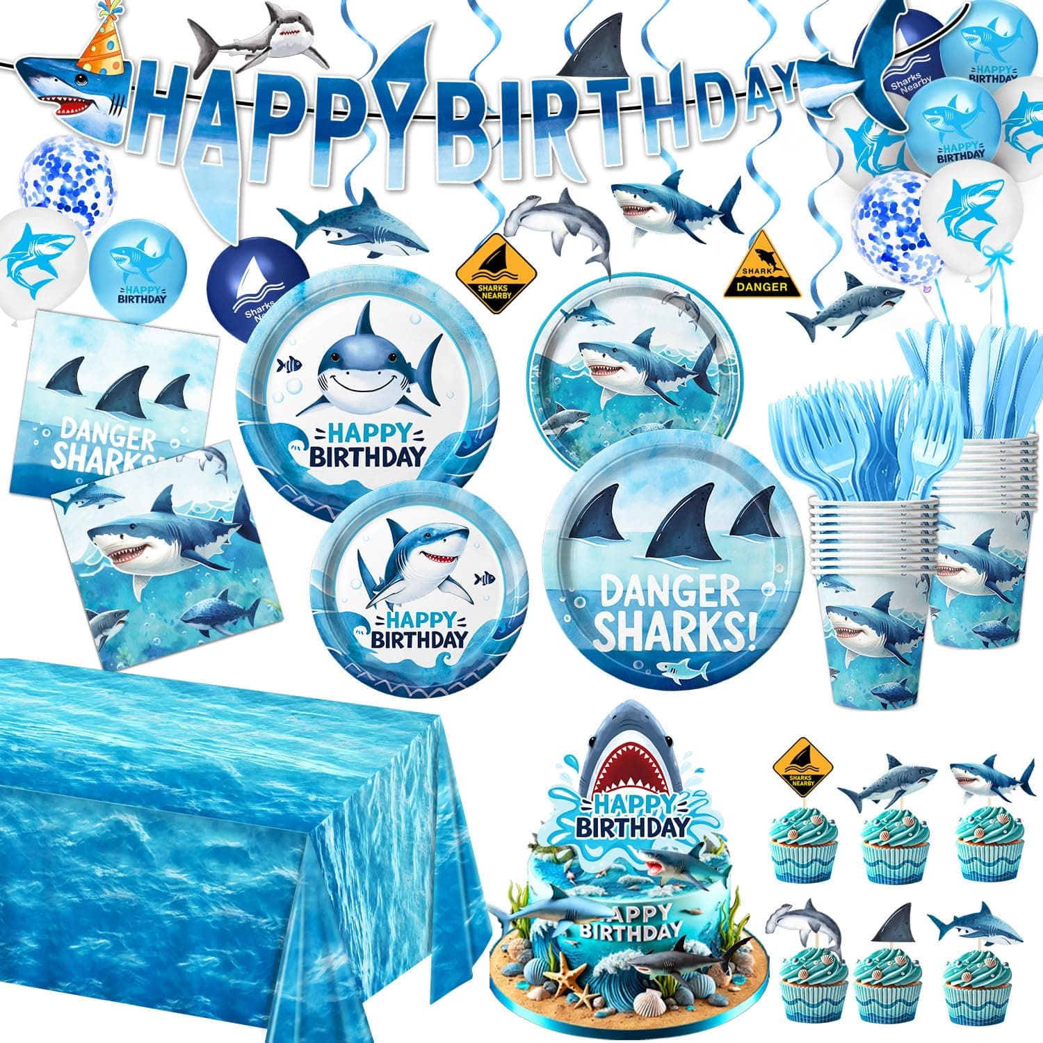 157 PCS Shark Birthday Party Decorations Includes Plates, Napkins, Cups, Cutlery, Cake Toppers, Banner, Hanging Swirls, Tablecloth, Balloon for Under The Sea Party Decorations