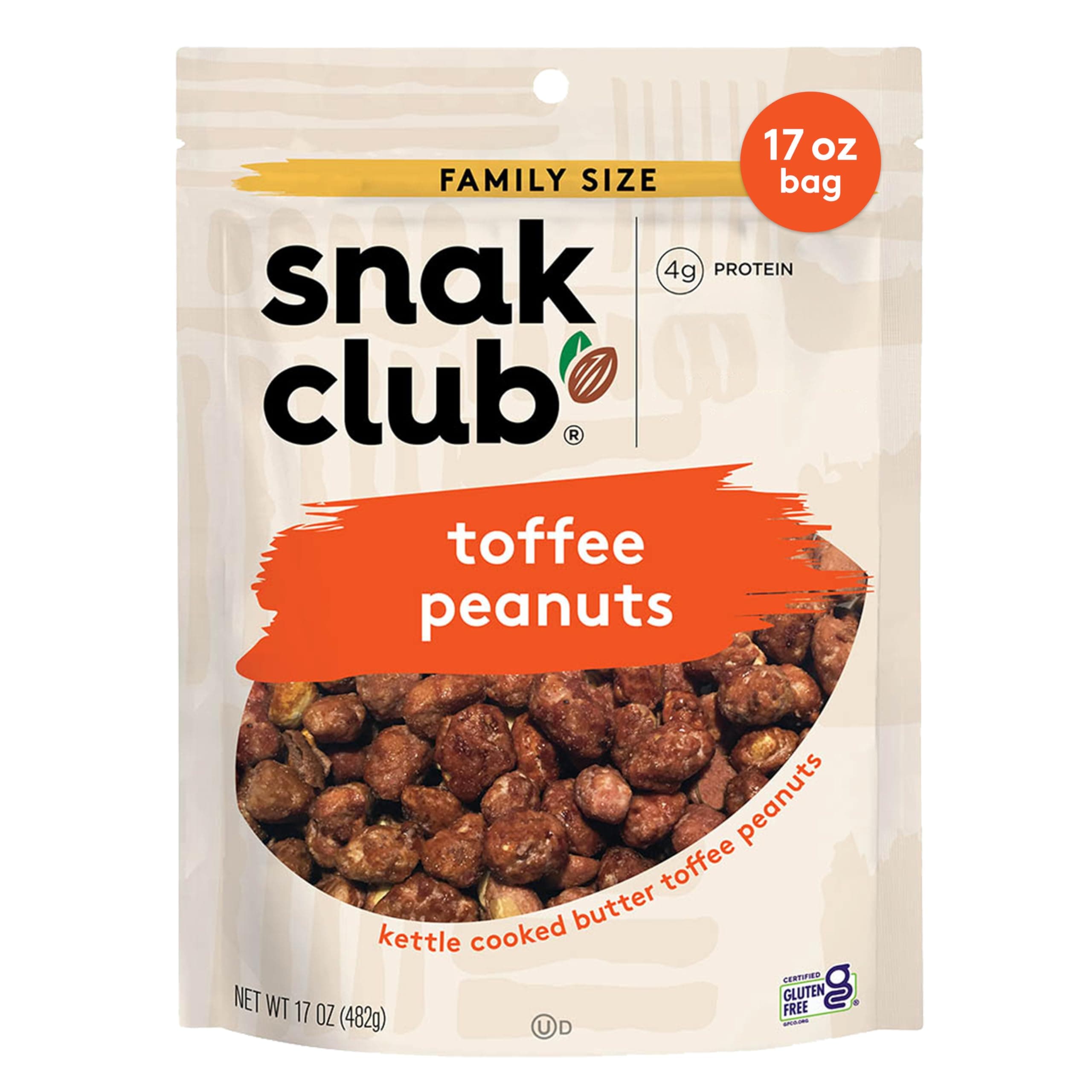 Snak Club Toffee Peanuts, Candied Peanuts with Praline Coat and Sweet Cream, Gluten-Free and Kosher Snack, 17 oz Resealable Bag
