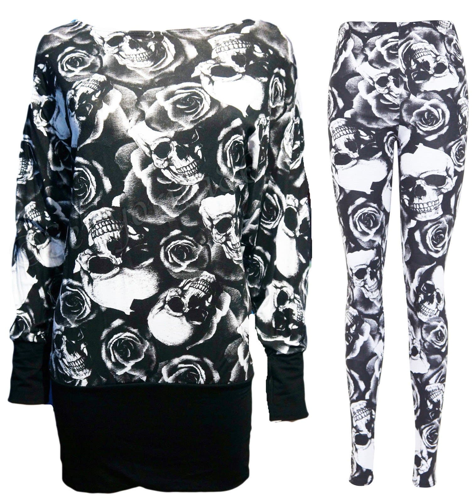 sreociLadies Alchemy Gothic Plus Size Women Batwing Skull Roses Baggy Top + Leggings