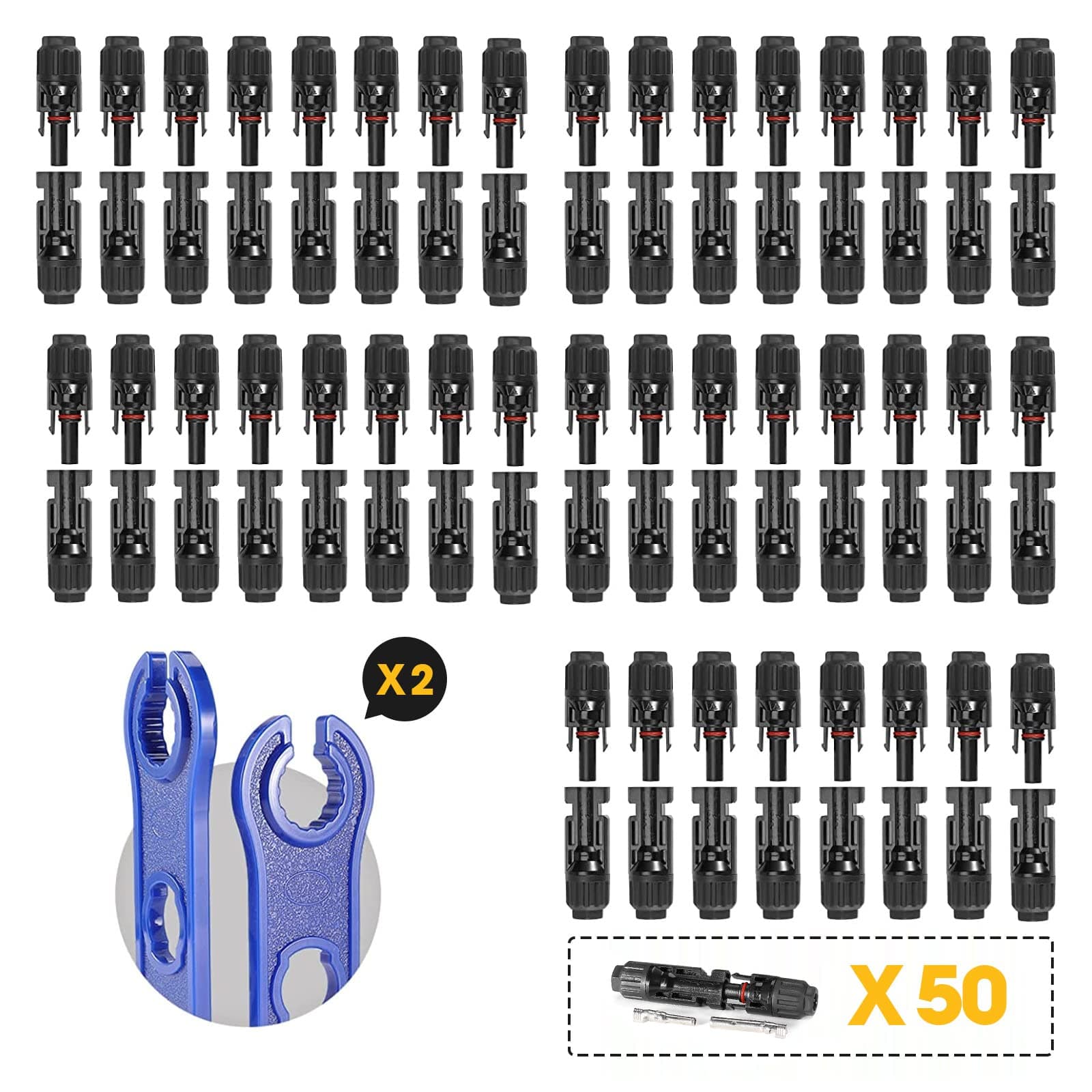 BougeRV 100PCS Solar Connector with Spanners IP67 Waterproof Solar Panel Cable Connectors Male/Female 50Pairs(10AWG)