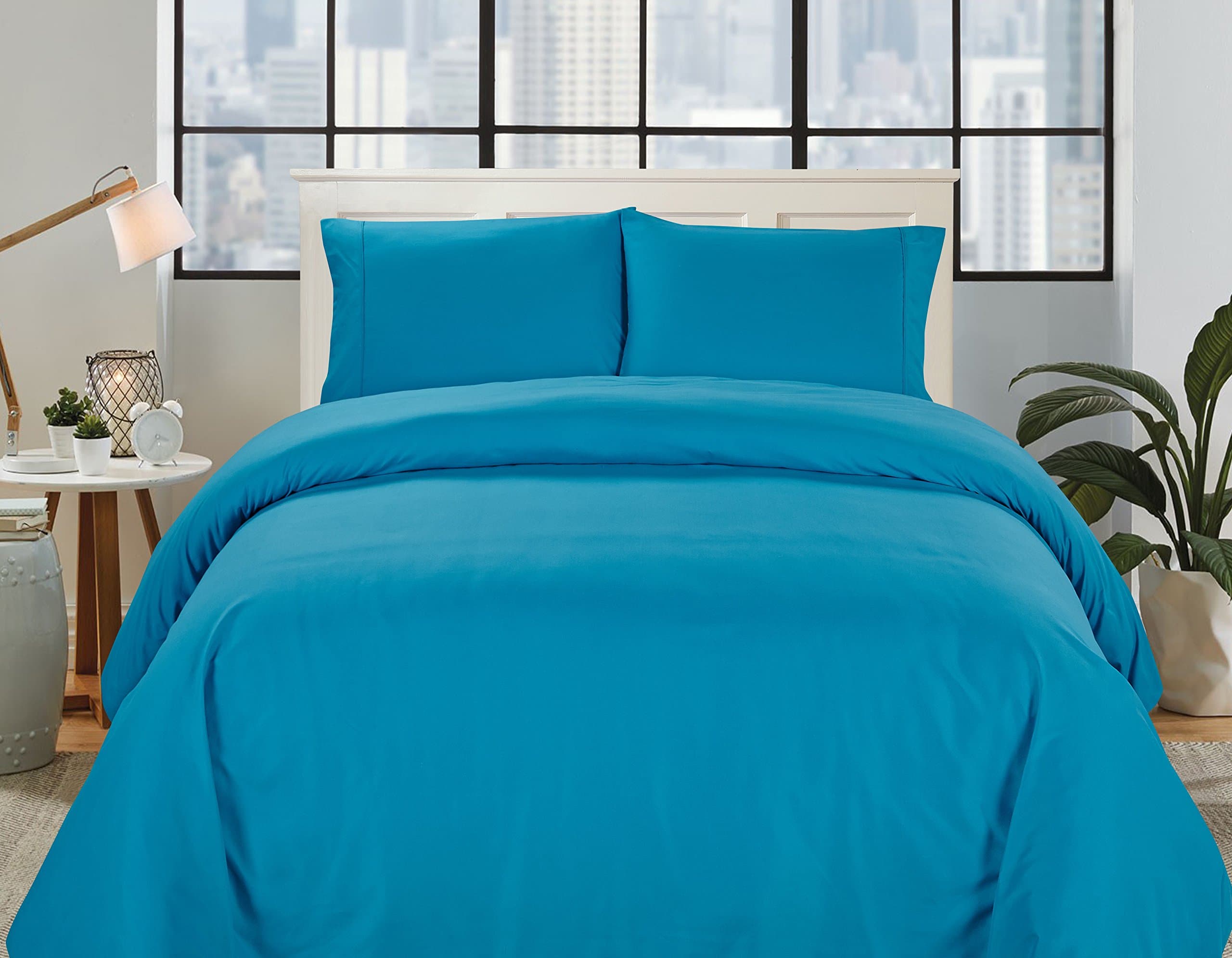 Deluxe 2600 Series 3 Piece Duvet Cover Set Button Closure, Wrinkle, Fade and Stain Resistant 2 Pillow Sham, Turquoise Queen 92"x90"