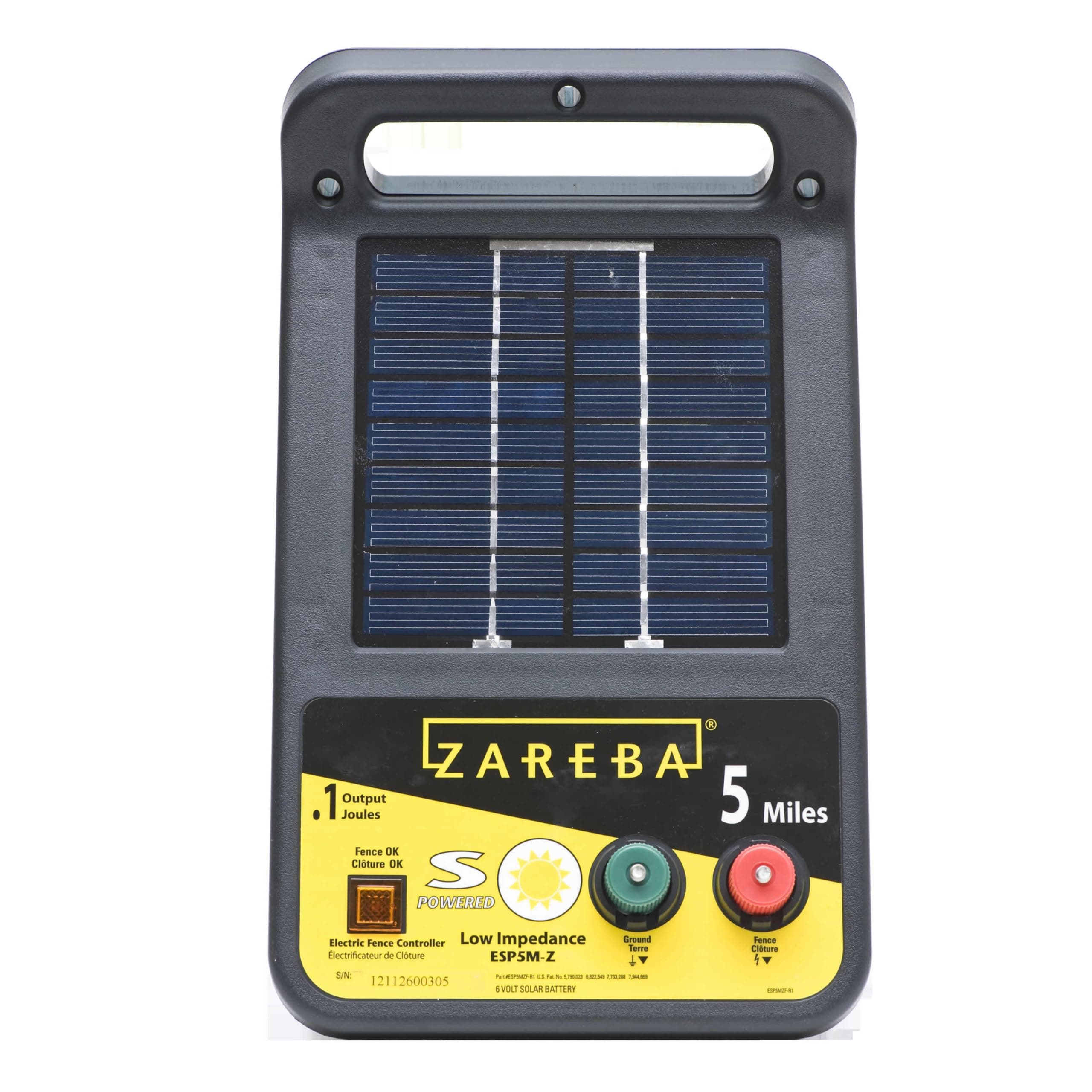 ESP5M-Z Solar Powered Low Impedance Electric Fence Charger - 5 Mile Lightning Electric Fence Energizer, Contain Animals and Keep Out Predators,Black