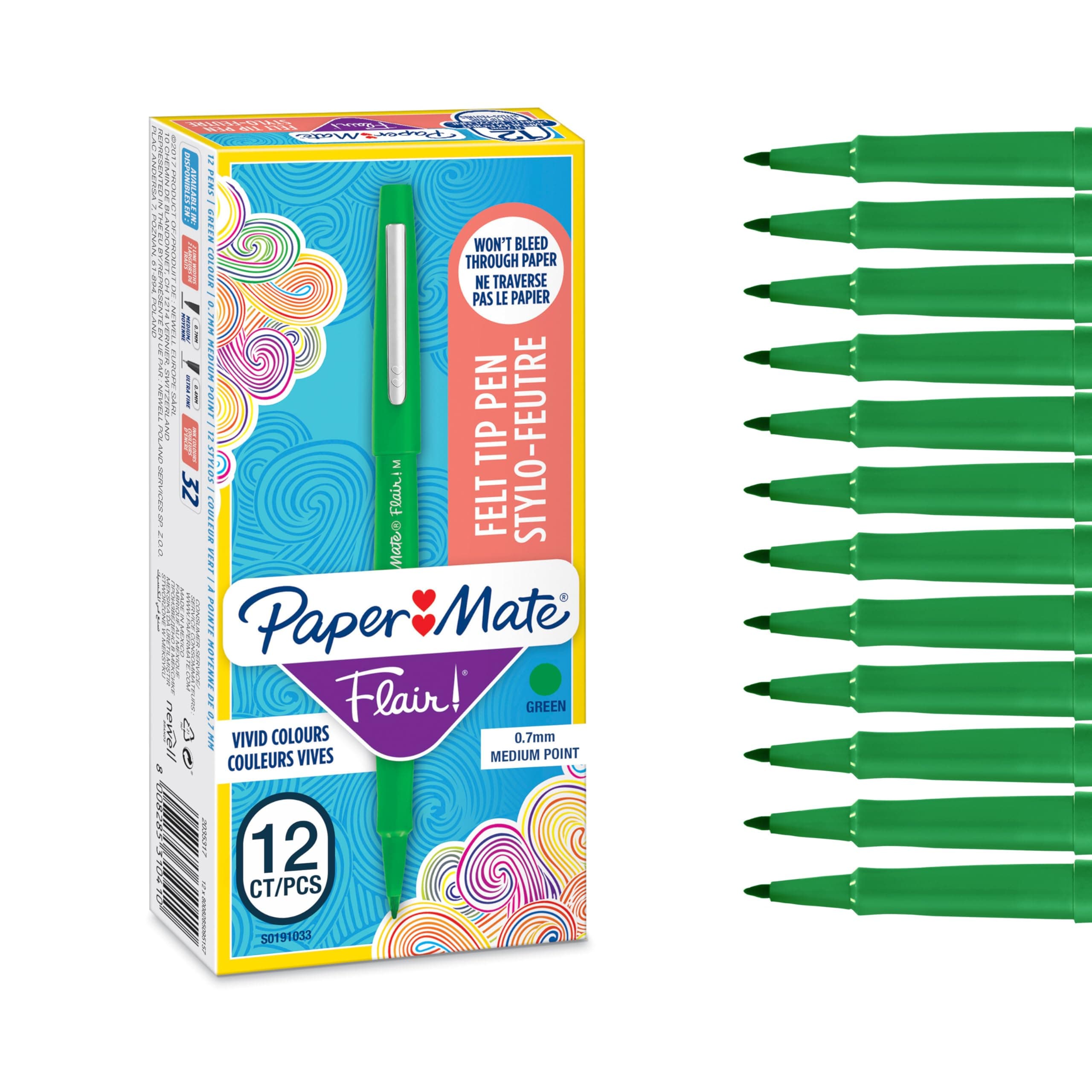 Flair Pen, 0.7 mm Medium Tip, Green, Box of 12