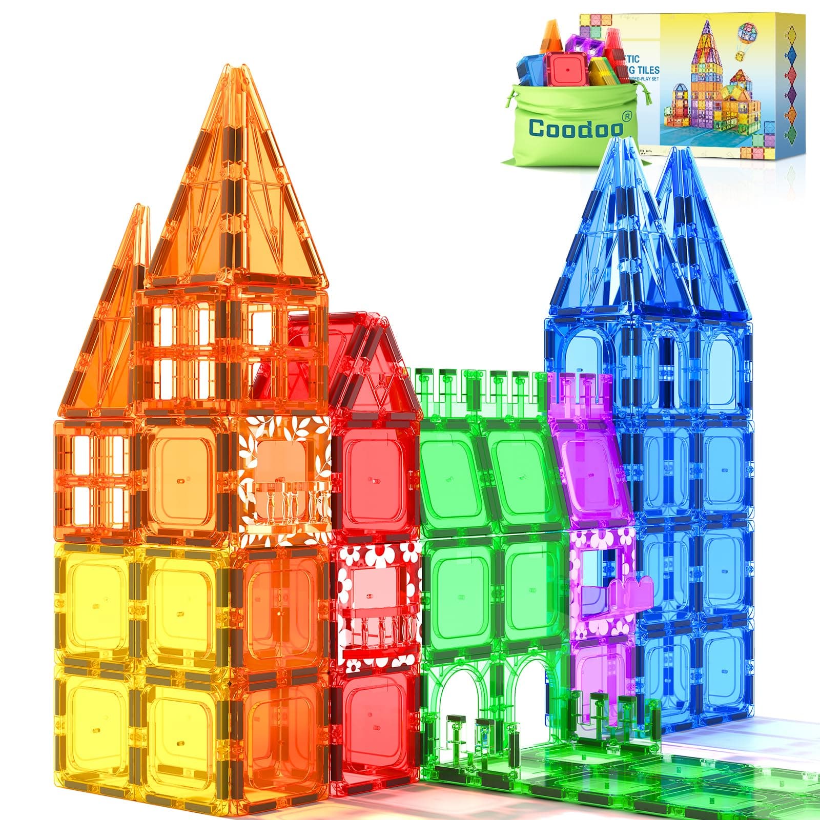 Coodoo 60 PCS Magnetic Building Tiles Kids Toys STEM Magnetic Blocks Sensory Toys Kids Games Magnet Building Toy for Boys and Girls Aged 3+, Kid Brain Development Preschool Kindergarten Toddler Toy