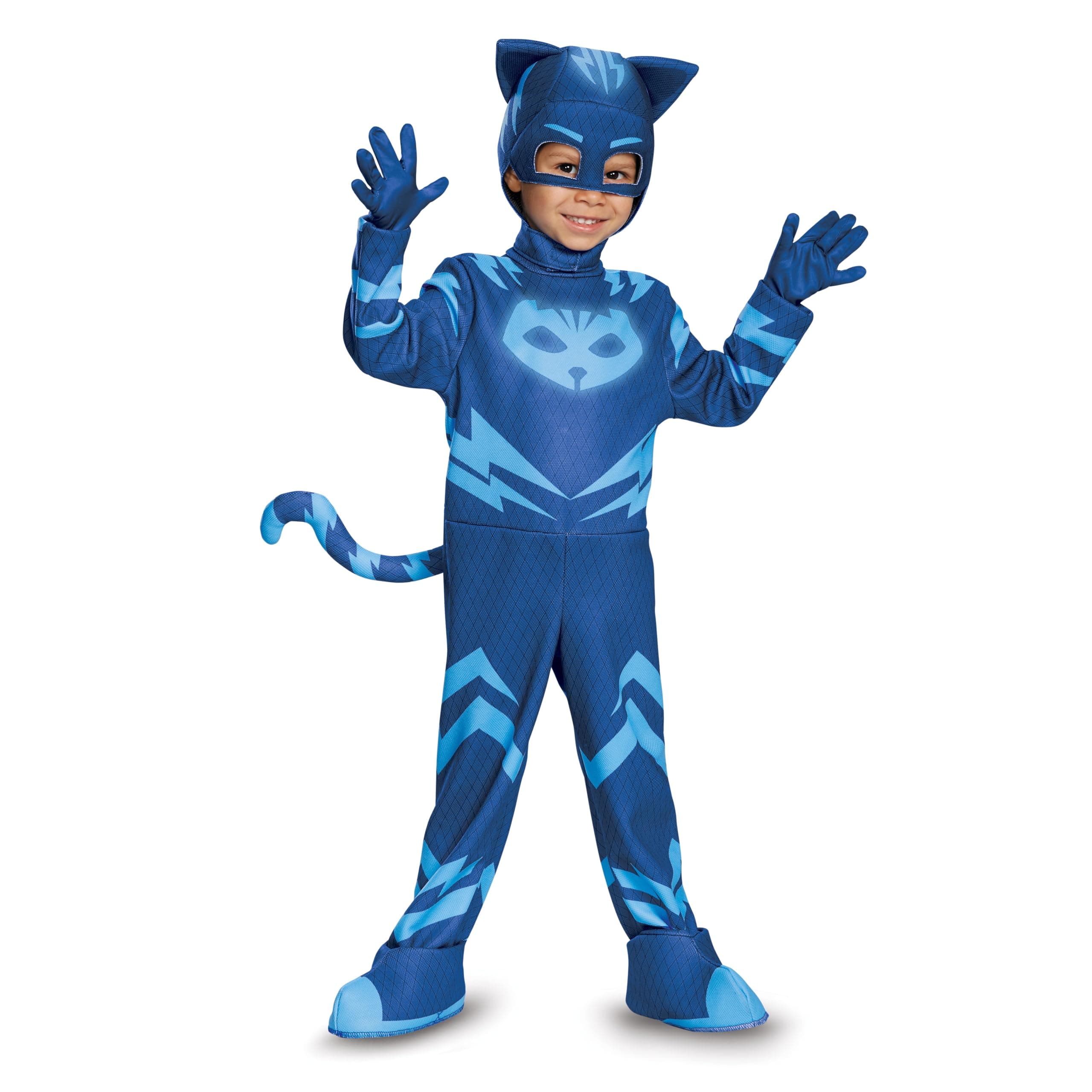 Catboy Costume, Official PJ Masks Glow Costume Jumpsuit and Mask, Toddler Size Large (10-12)