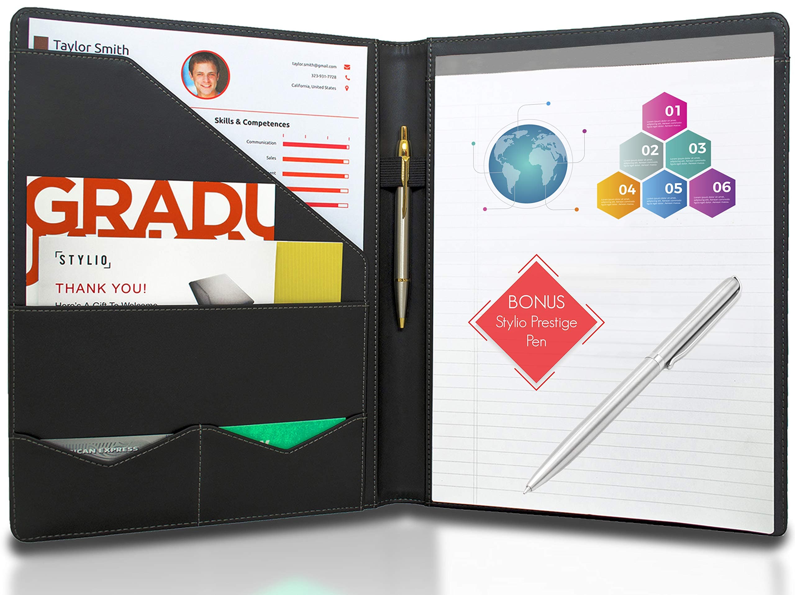 STYLIO Padfolio w/Premium Pen - Resume Portfolio Folder - Interview/Legal Document Organizer & Business Card Holder - with Letter-Sized Writing Pad - Handsome Piano Noir Faux Leather Matte Finish